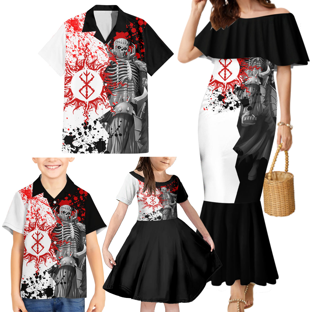 The Skull Knight Berserk Family Matching Mermaid Dress and Hawaiian Shirt Anime Japan Style