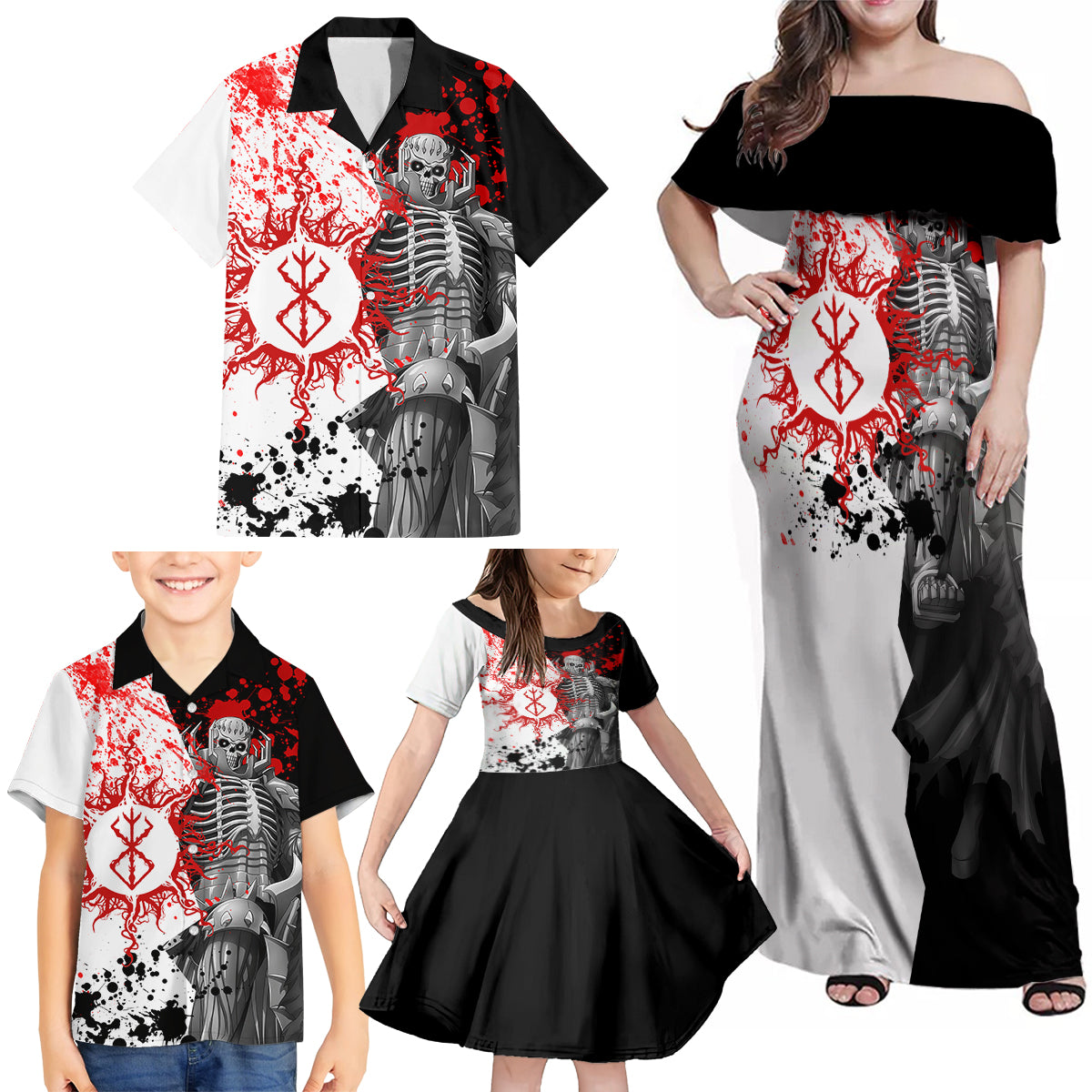 The Skull Knight Berserk Family Matching Off Shoulder Maxi Dress and Hawaiian Shirt Anime Japan Style