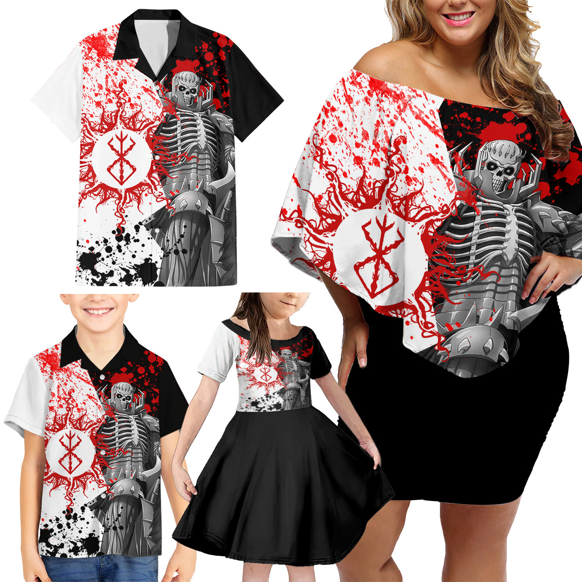 The Skull Knight Berserk Family Matching Off Shoulder Short Dress and Hawaiian Shirt Anime Japan Style