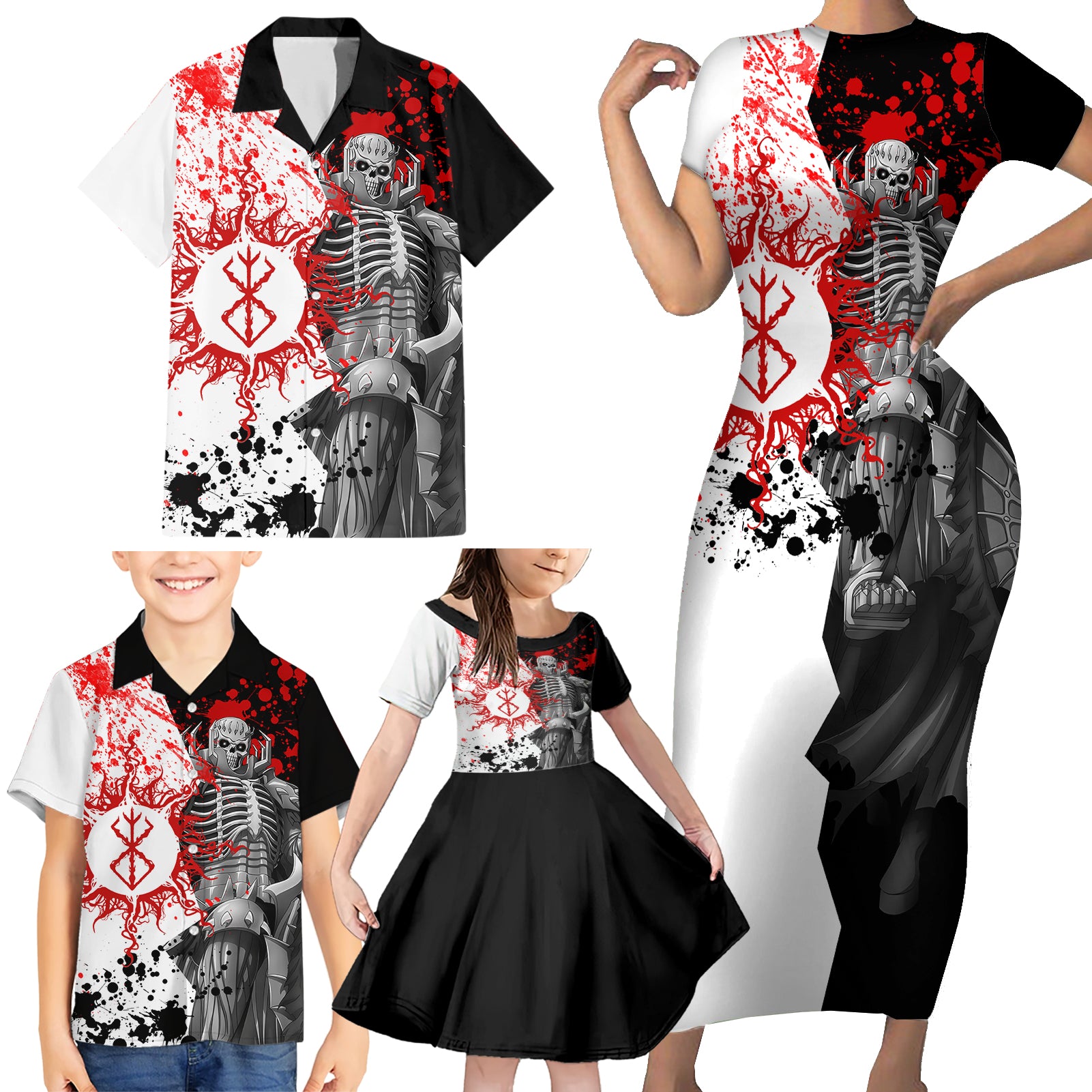 The Skull Knight Berserk Family Matching Short Sleeve Bodycon Dress and Hawaiian Shirt Anime Japan Style