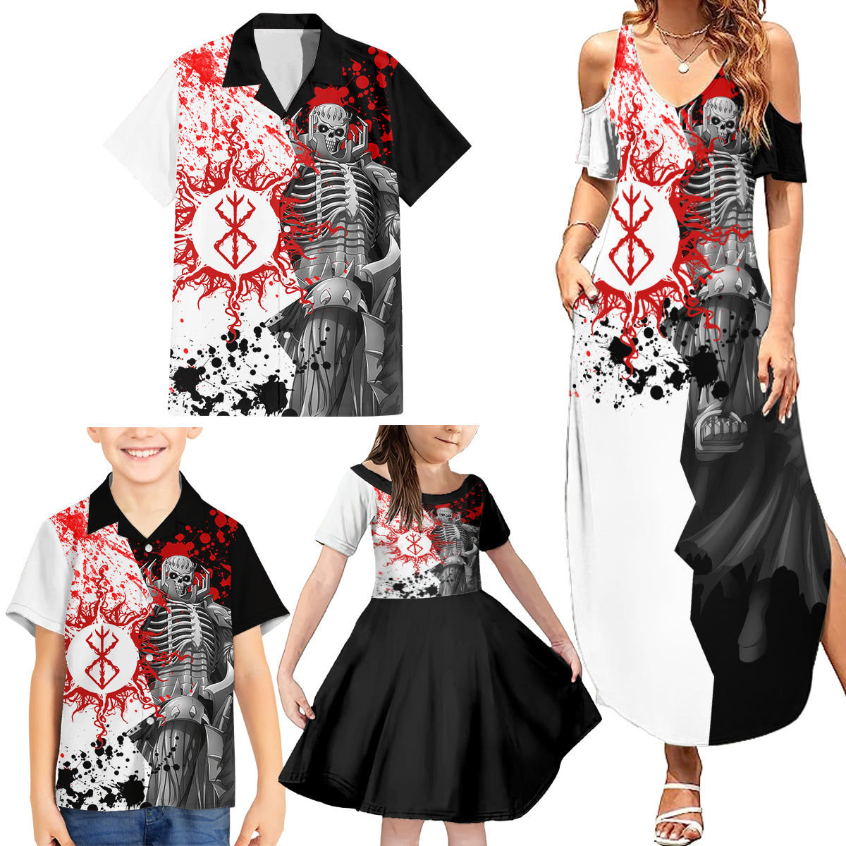 The Skull Knight Berserk Family Matching Summer Maxi Dress and Hawaiian Shirt Anime Japan Style