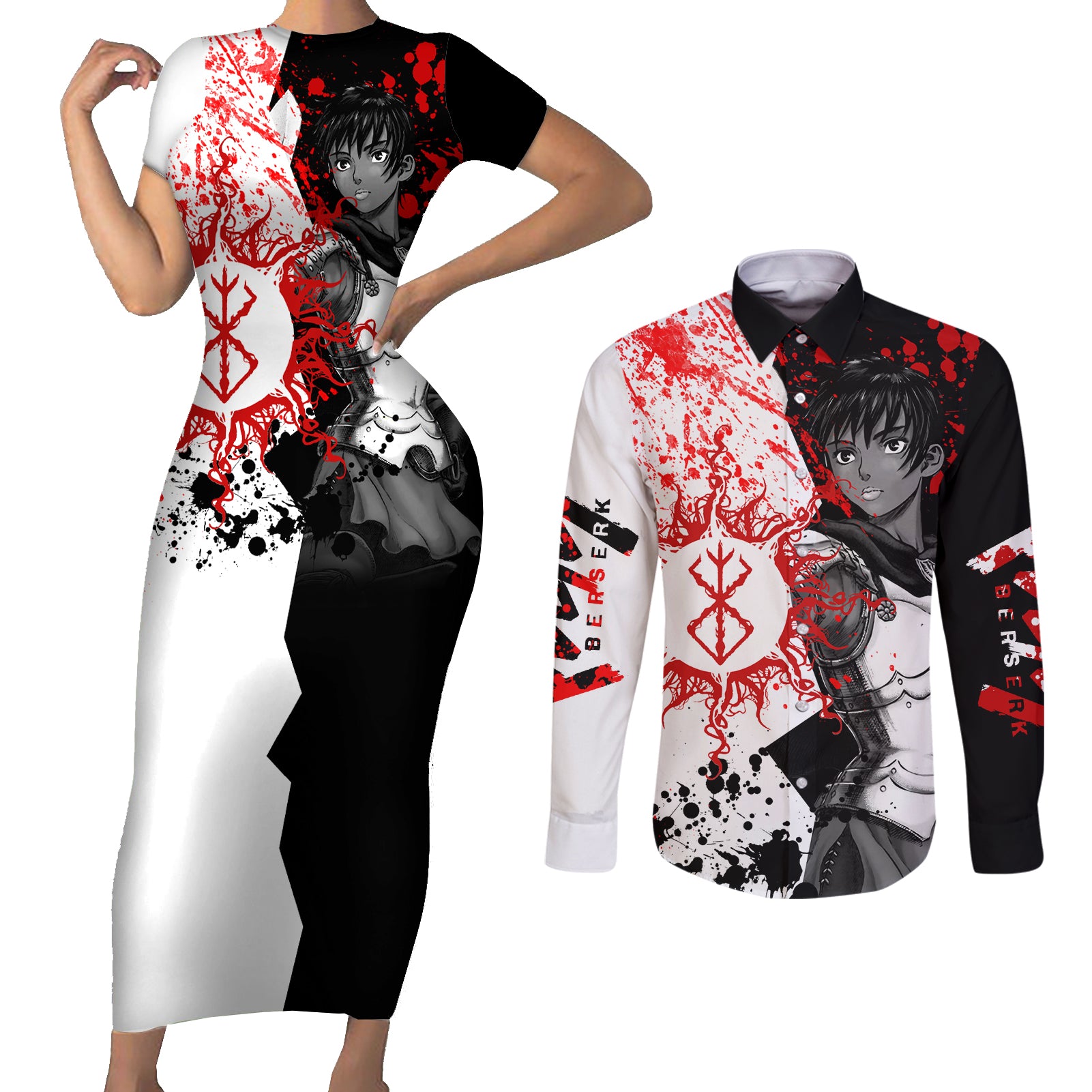 Casca Berserk Couples Matching Short Sleeve Bodycon Dress and Long Sleeve Button Shirt Grunge Blood Style