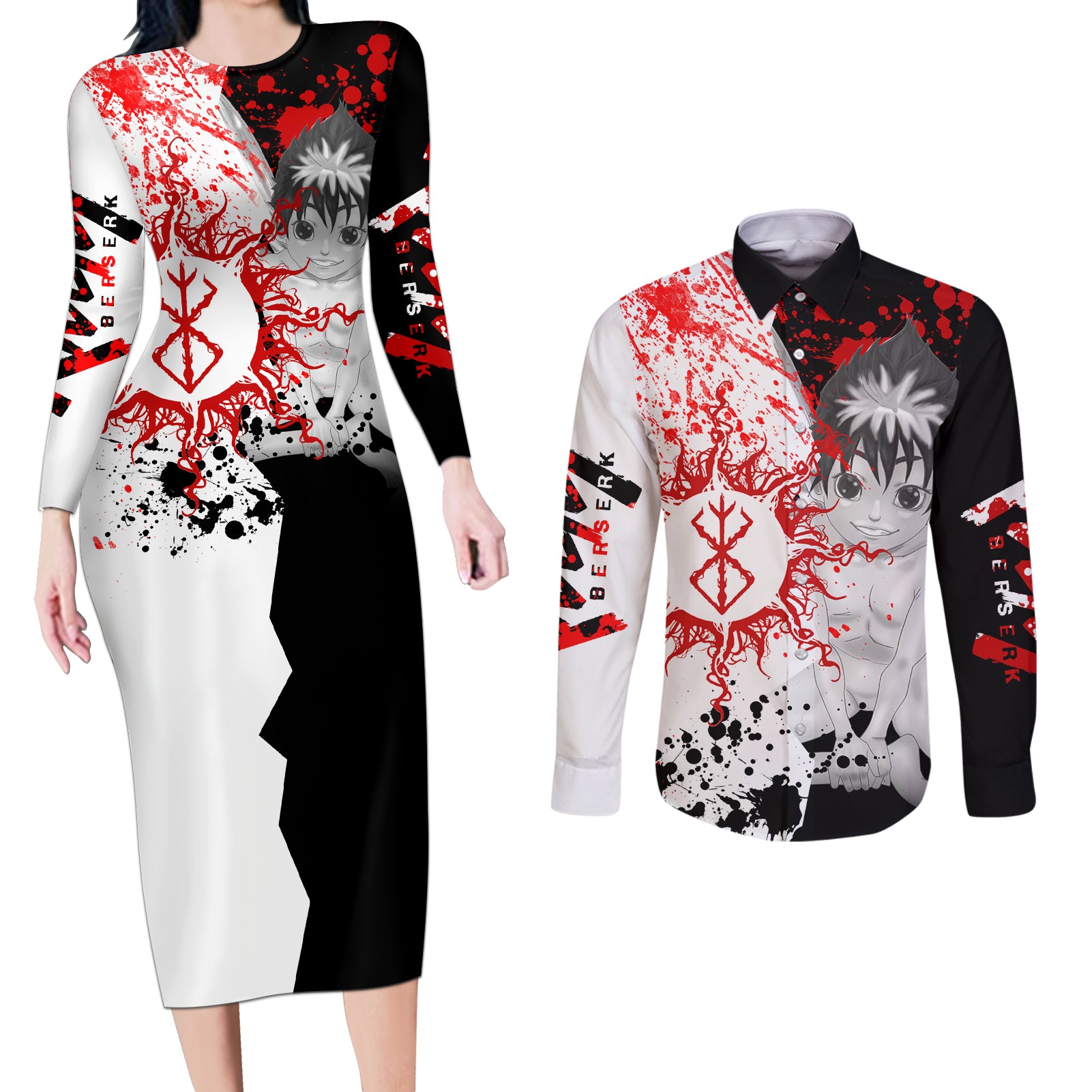 Puck Berserk Couples Matching Long Sleeve Bodycon Dress and Long Sleeve Button Shirt Grunge Blood Style