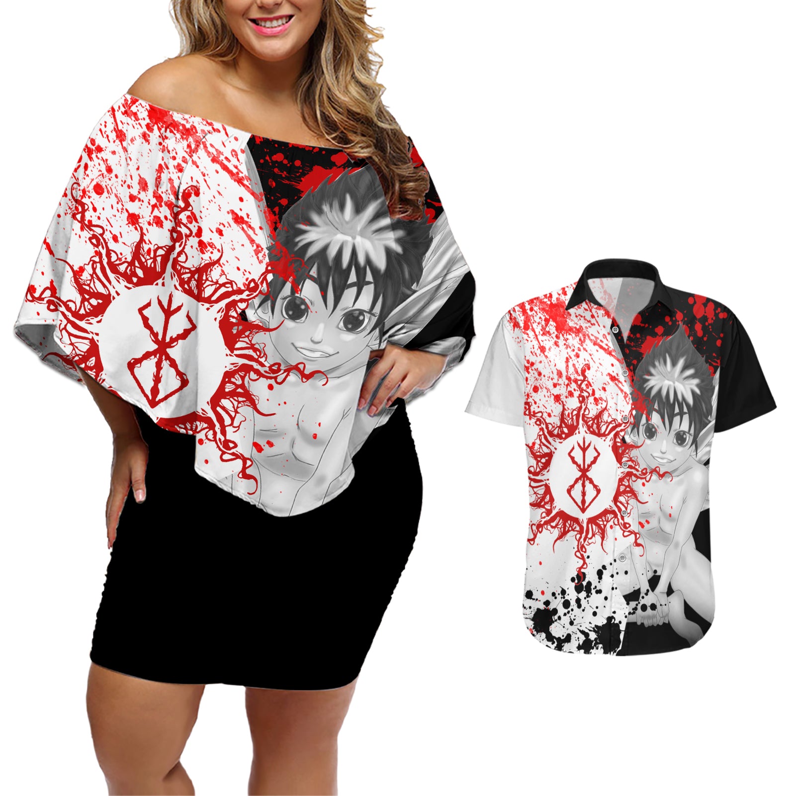 Puck Berserk Couples Matching Off Shoulder Short Dress and Hawaiian Shirt Grunge Blood Style