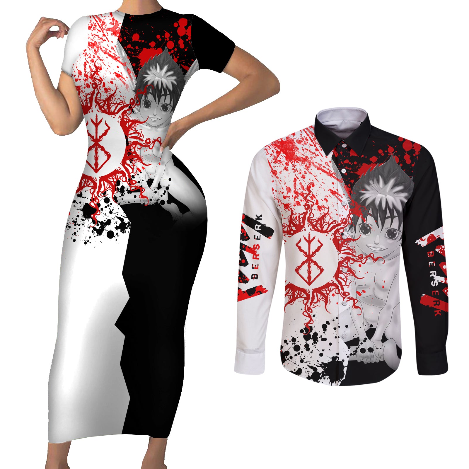 Puck Berserk Couples Matching Short Sleeve Bodycon Dress and Long Sleeve Button Shirt Grunge Blood Style