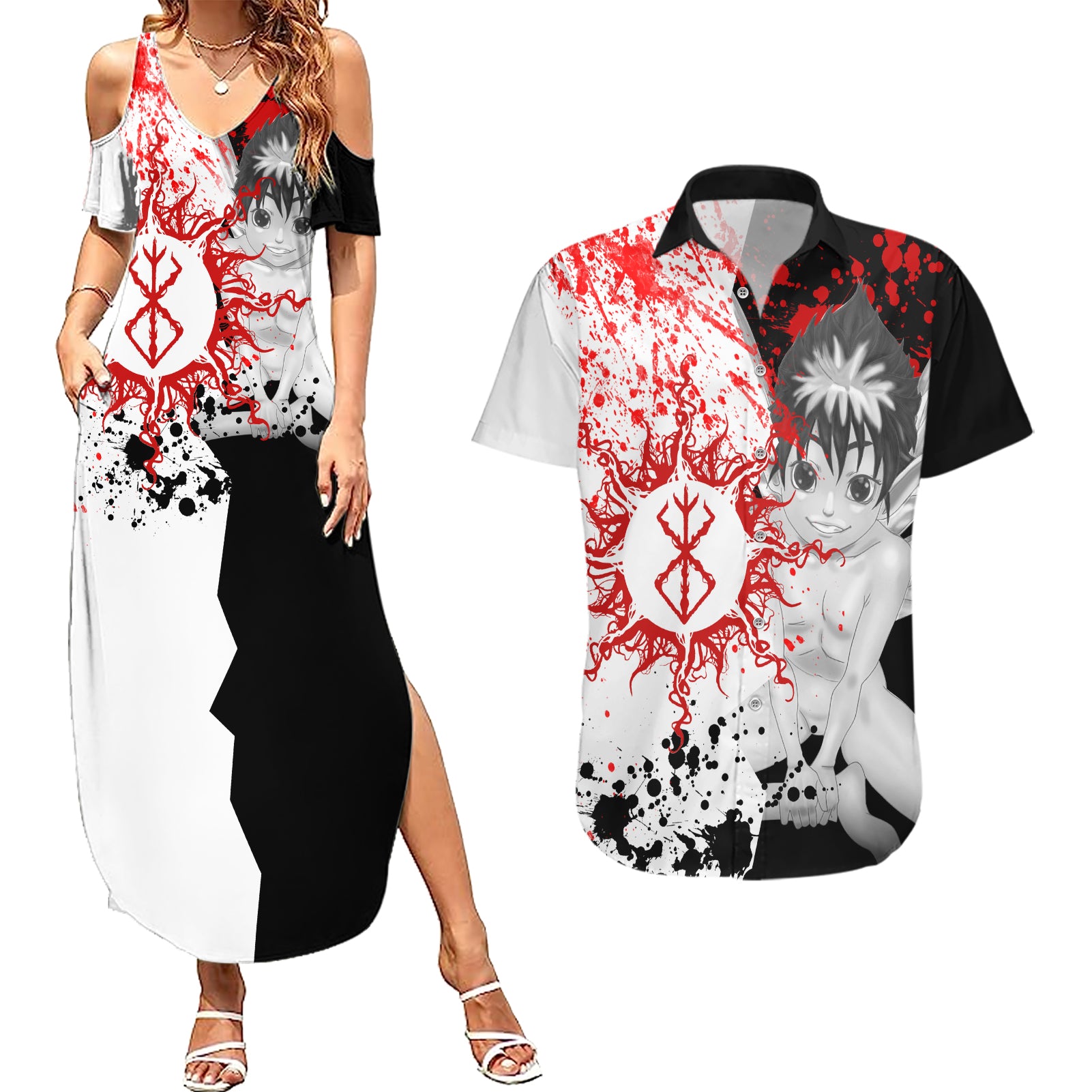 Puck Berserk Couples Matching Summer Maxi Dress and Hawaiian Shirt Grunge Blood Style