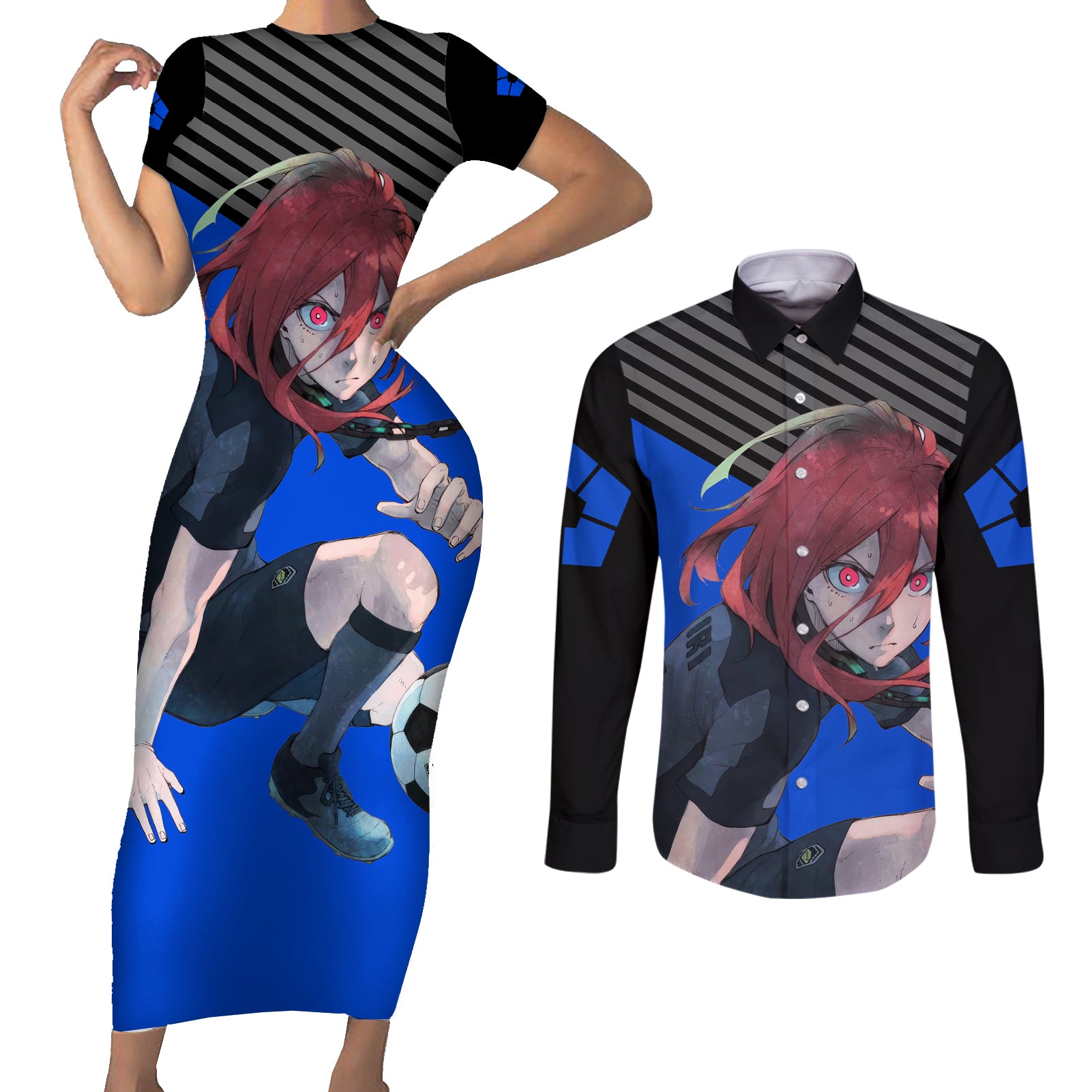 Hyoma Chigiri Blue Lock Couples Matching Short Sleeve Bodycon Dress and Long Sleeve Button Shirt Anime Style