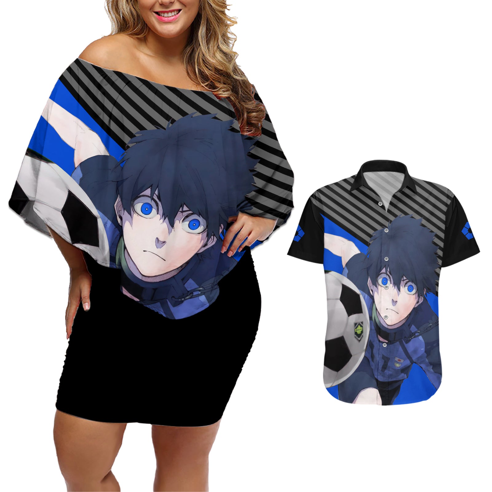 Yoichi Isagi Blue Lock Couples Matching Off Shoulder Short Dress and Hawaiian Shirt Anime Style