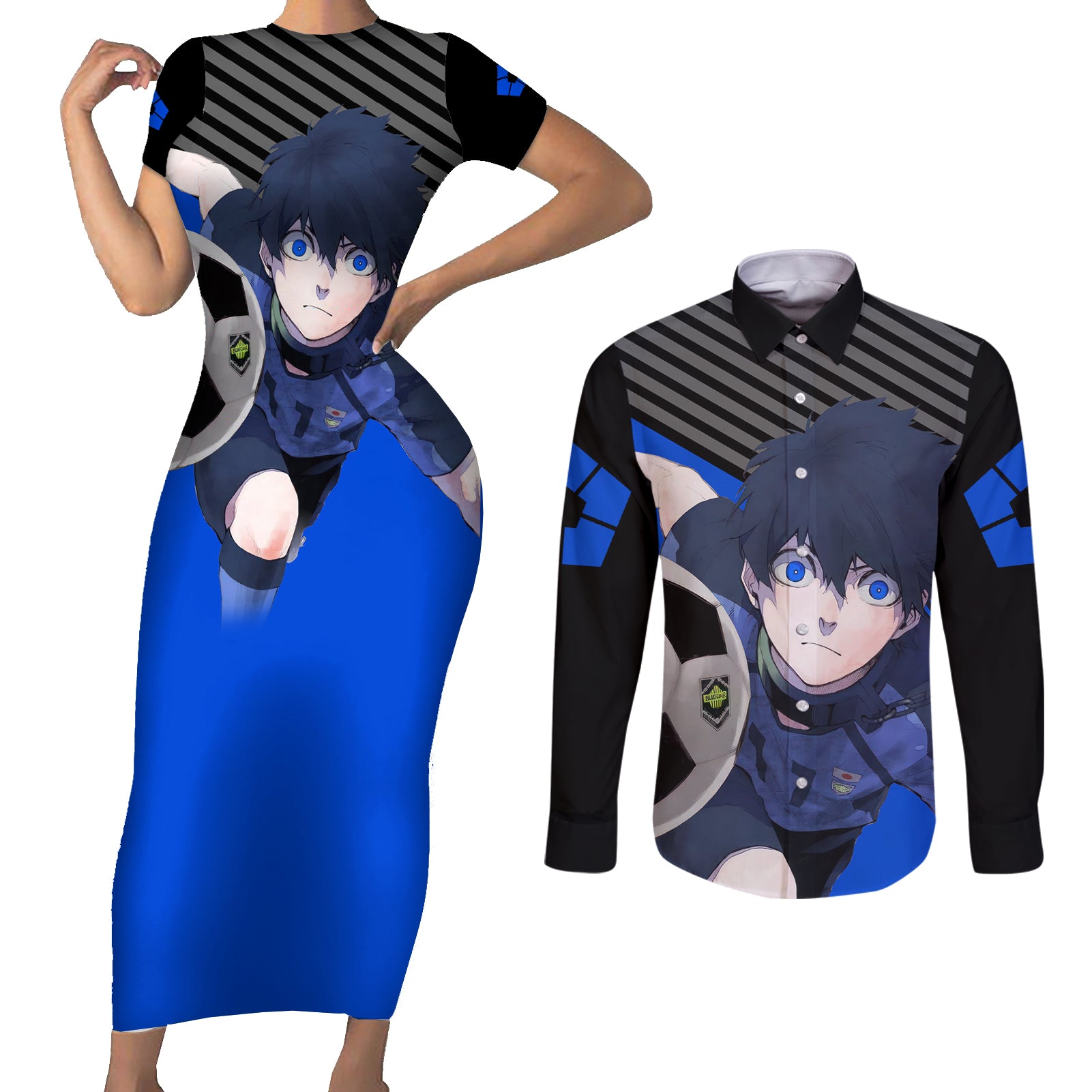 Yoichi Isagi Blue Lock Couples Matching Short Sleeve Bodycon Dress and Long Sleeve Button Shirt Anime Style