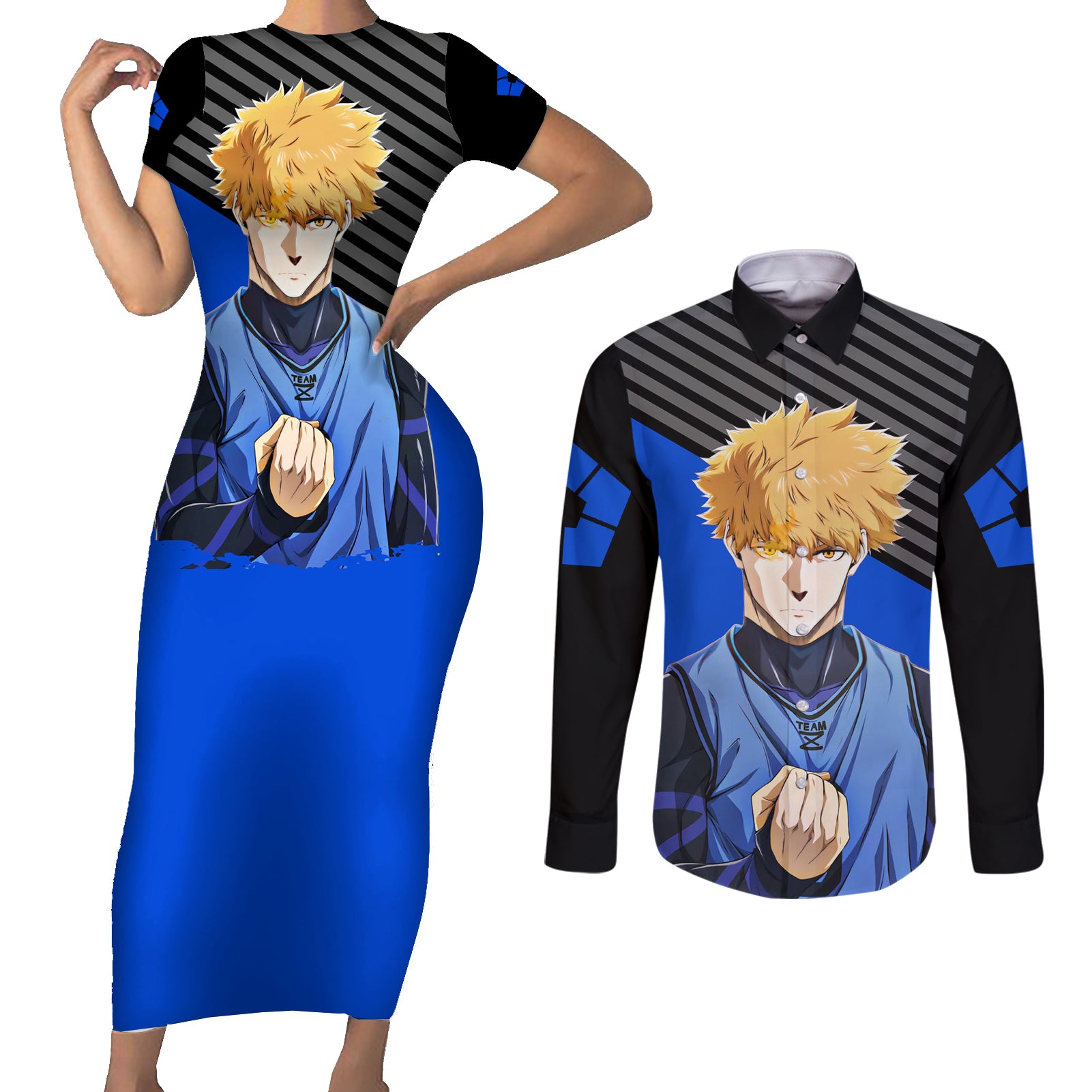 Rensuke Kunigami Blue Lock Couples Matching Short Sleeve Bodycon Dress and Long Sleeve Button Shirt Anime Style