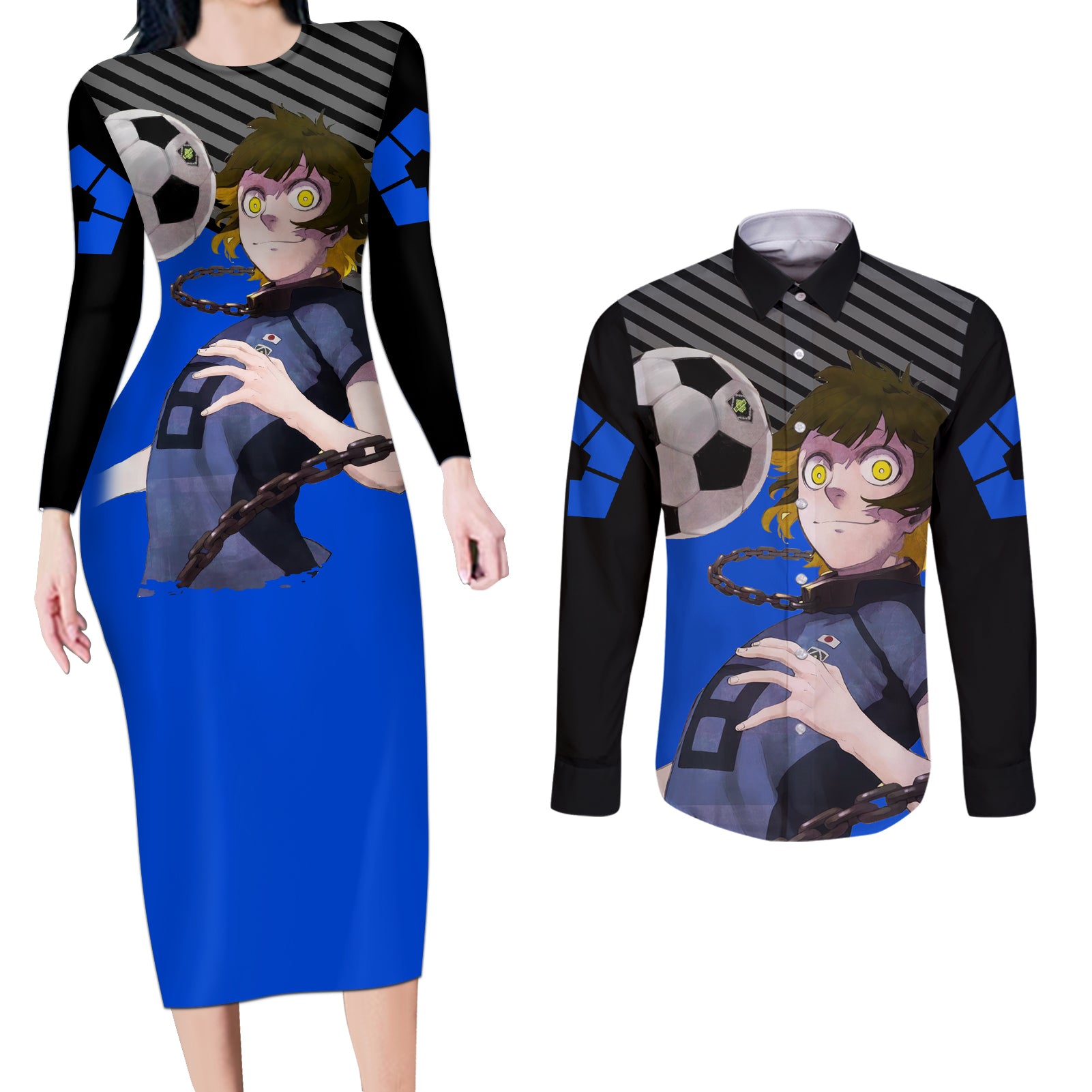 Meguru Bachira Blue Lock Couples Matching Long Sleeve Bodycon Dress and Long Sleeve Button Shirt Anime Style