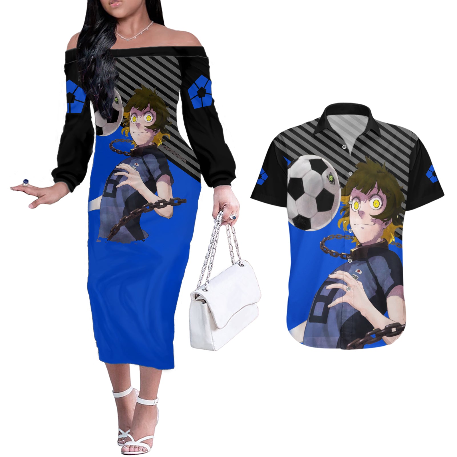 Meguru Bachira Blue Lock Couples Matching Off The Shoulder Long Sleeve Dress and Hawaiian Shirt Anime Style