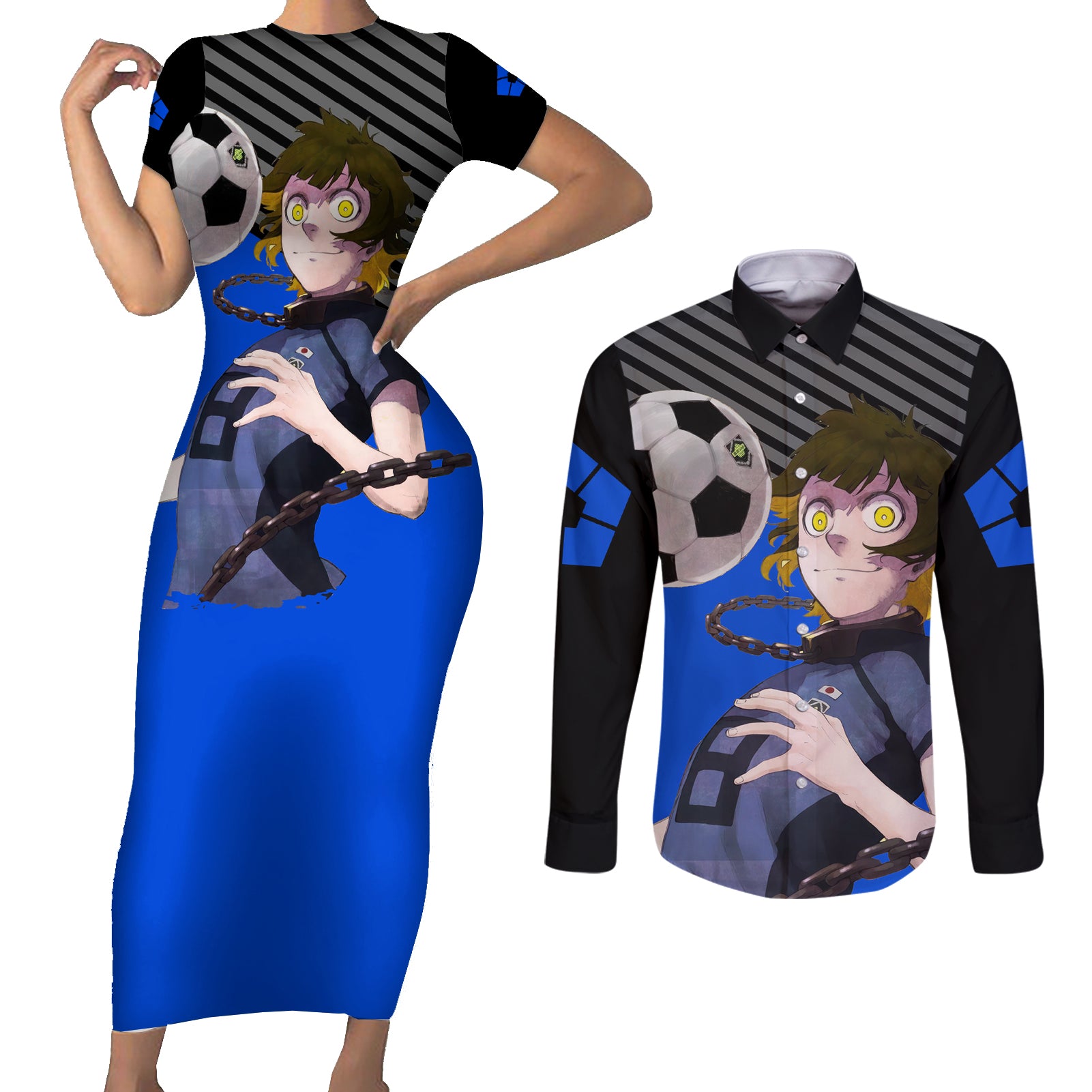 Meguru Bachira Blue Lock Couples Matching Short Sleeve Bodycon Dress and Long Sleeve Button Shirt Anime Style