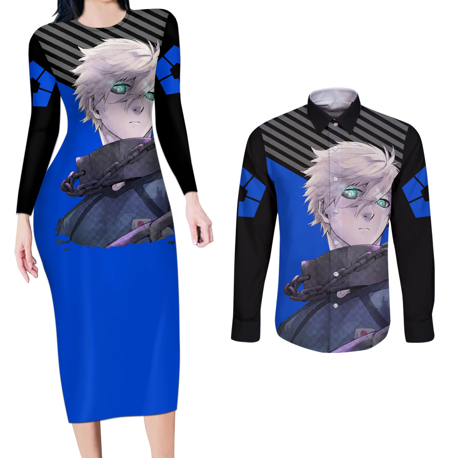 Seishiro Nagi Blue Lock Couples Matching Long Sleeve Bodycon Dress and Long Sleeve Button Shirt Anime Style