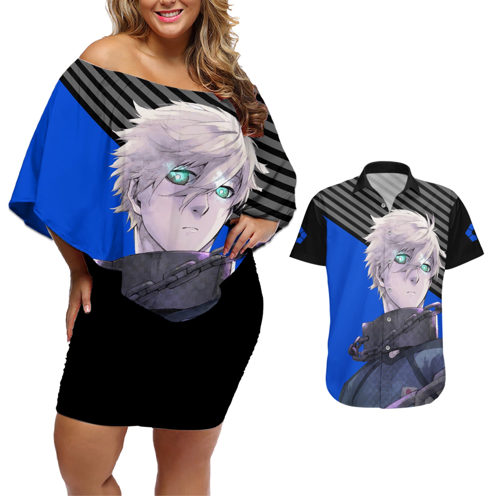 Seishiro Nagi Blue Lock Couples Matching Off Shoulder Short Dress and Hawaiian Shirt Anime Style