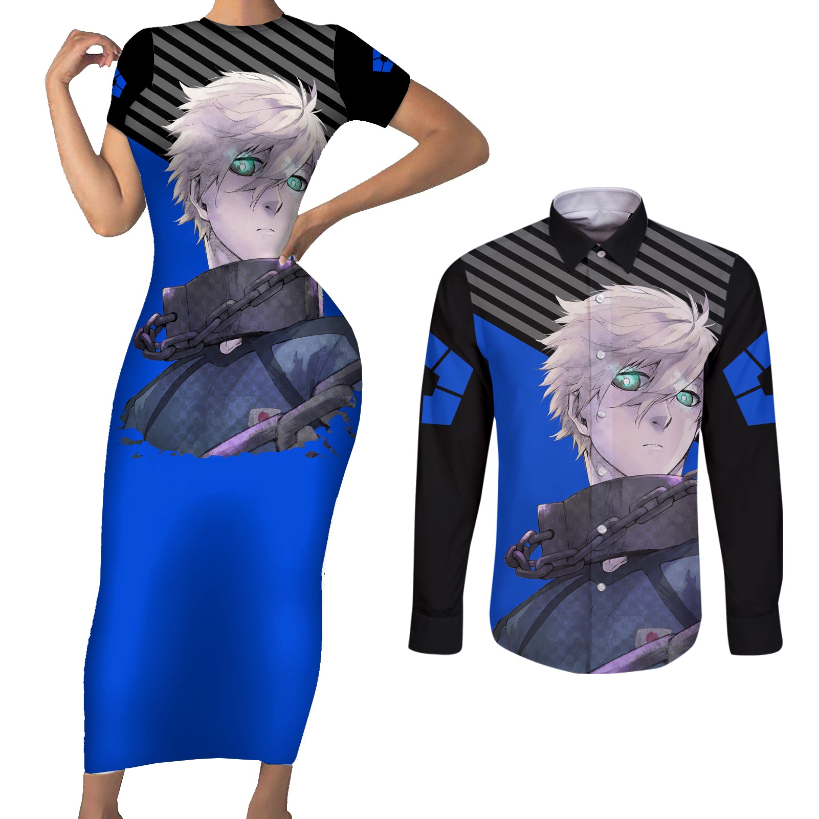 Seishiro Nagi Blue Lock Couples Matching Short Sleeve Bodycon Dress and Long Sleeve Button Shirt Anime Style