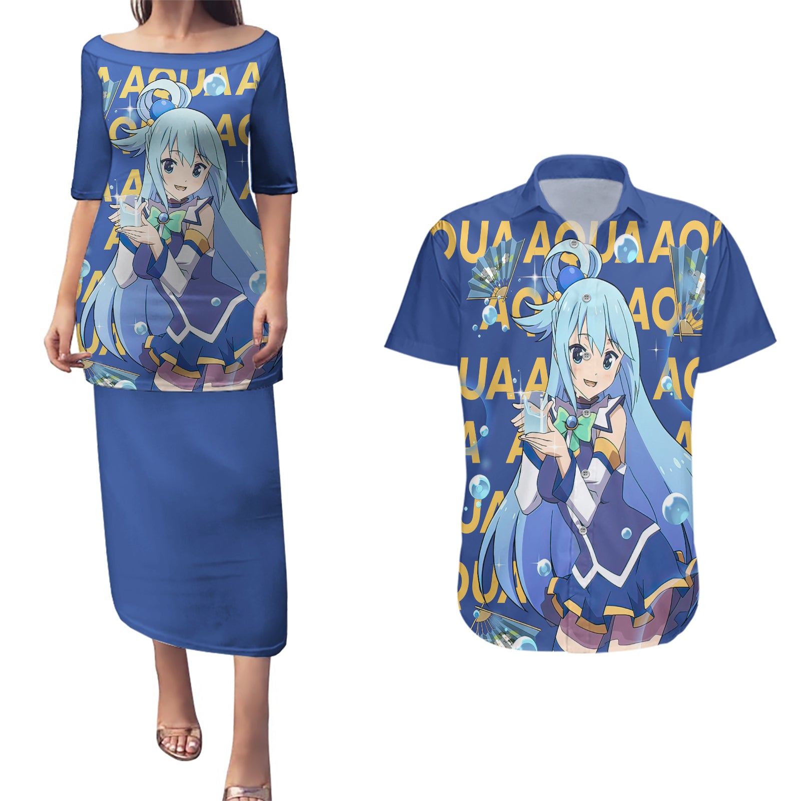 Aqua KonoSuba Couples Matching Puletasi and Hawaiian Shirt Anime Style