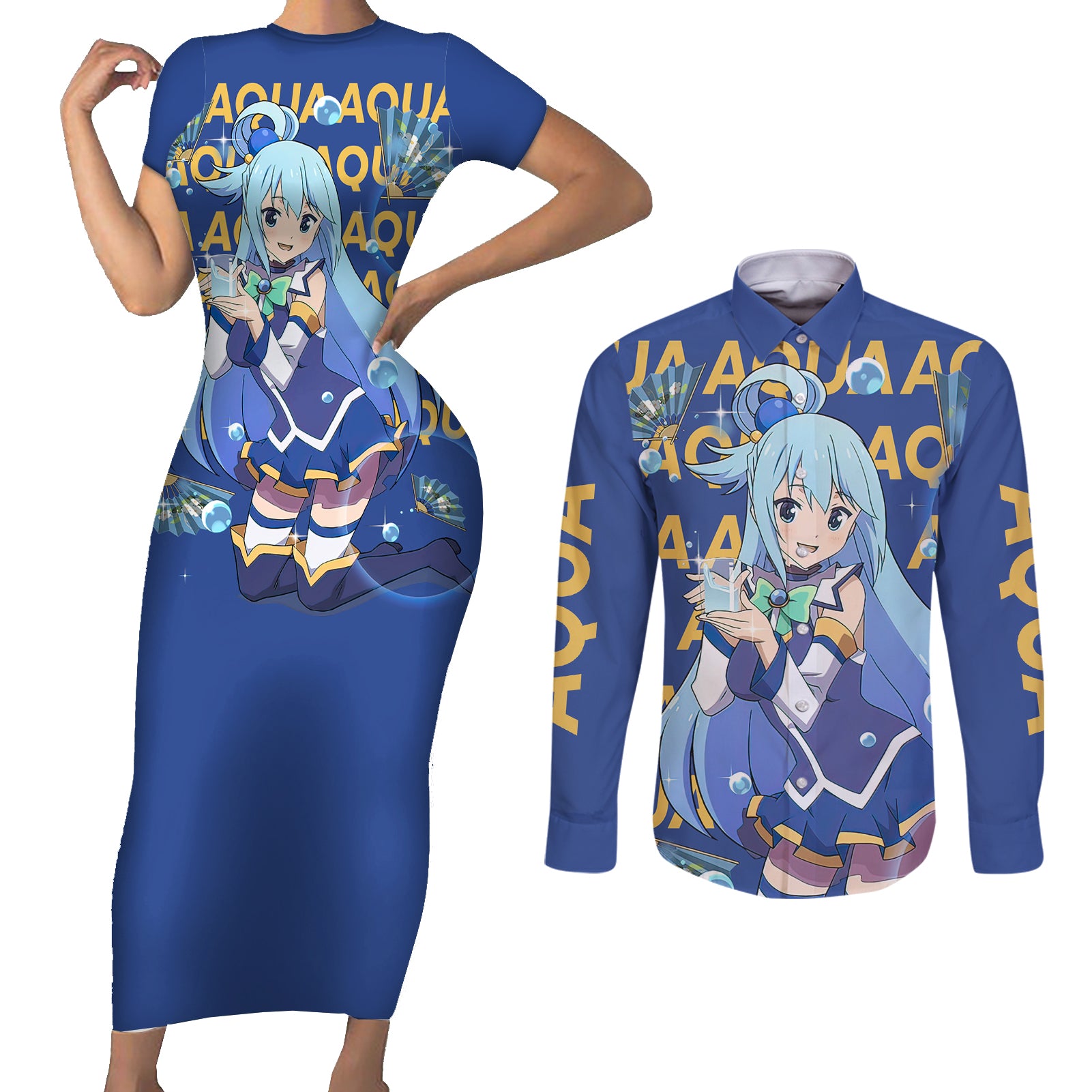 Aqua KonoSuba Couples Matching Short Sleeve Bodycon Dress and Long Sleeve Button Shirt Anime Style