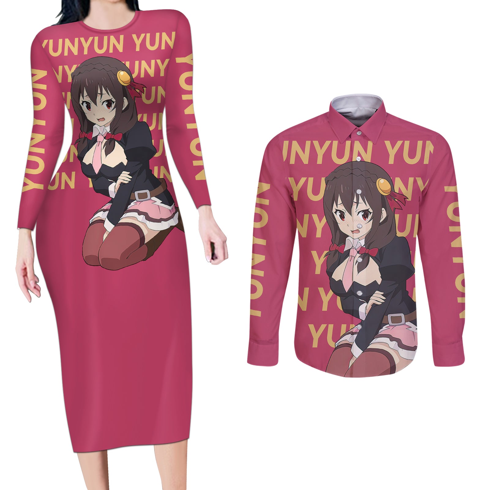 Yunyun KonoSuba Couples Matching Long Sleeve Bodycon Dress and Long Sleeve Button Shirt Anime Style