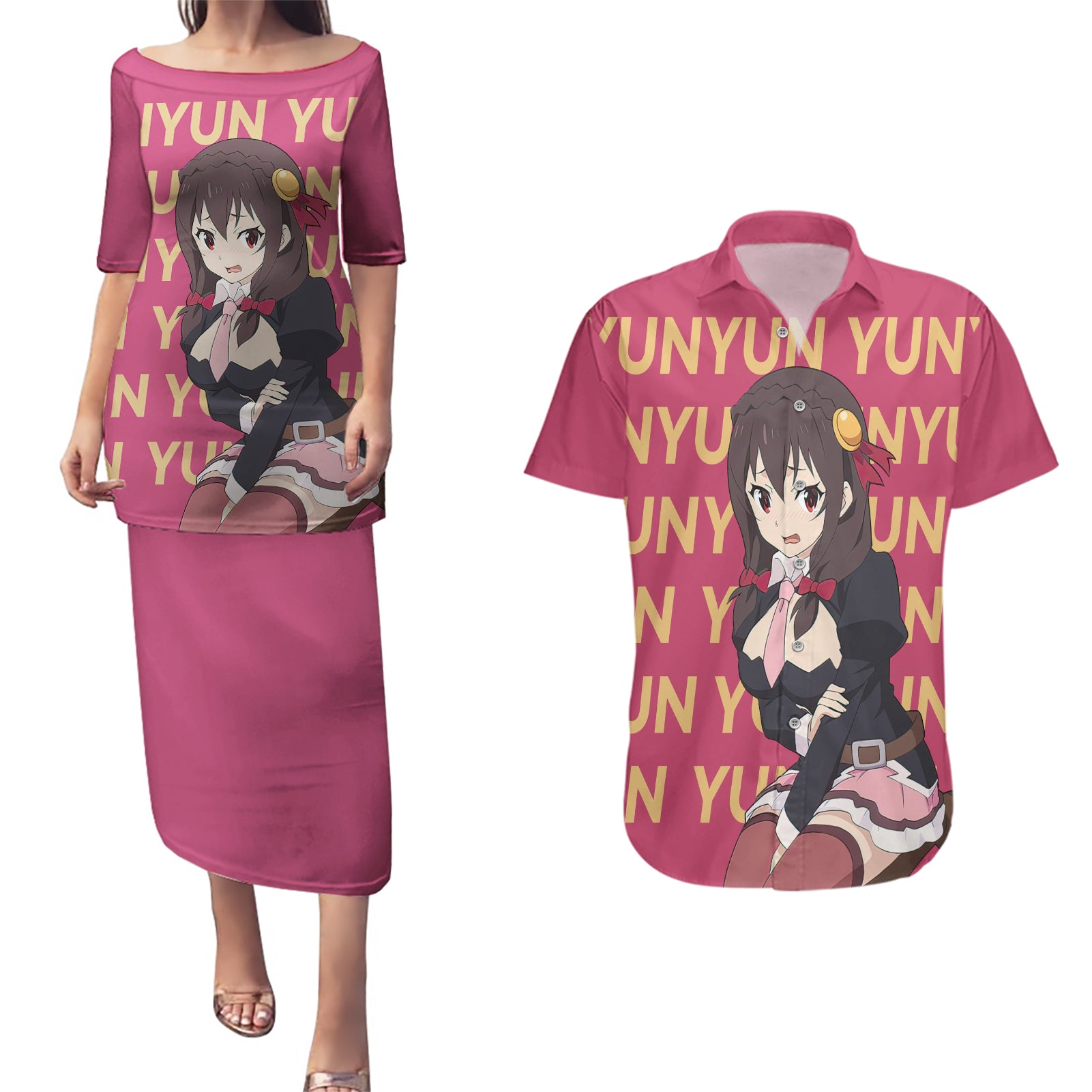 Yunyun KonoSuba Couples Matching Puletasi and Hawaiian Shirt Anime Style