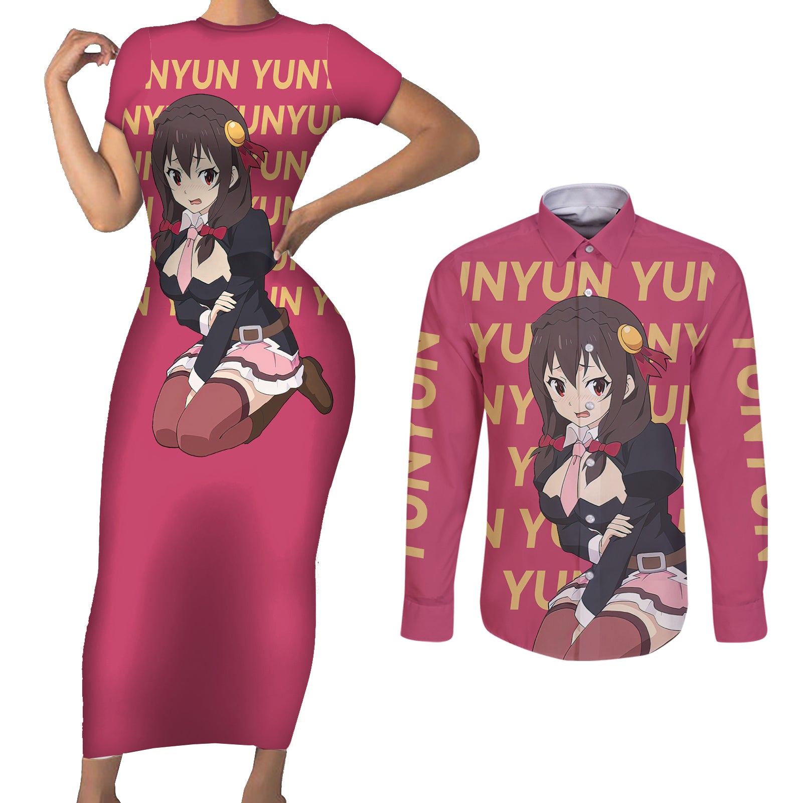 Yunyun KonoSuba Couples Matching Short Sleeve Bodycon Dress and Long Sleeve Button Shirt Anime Style