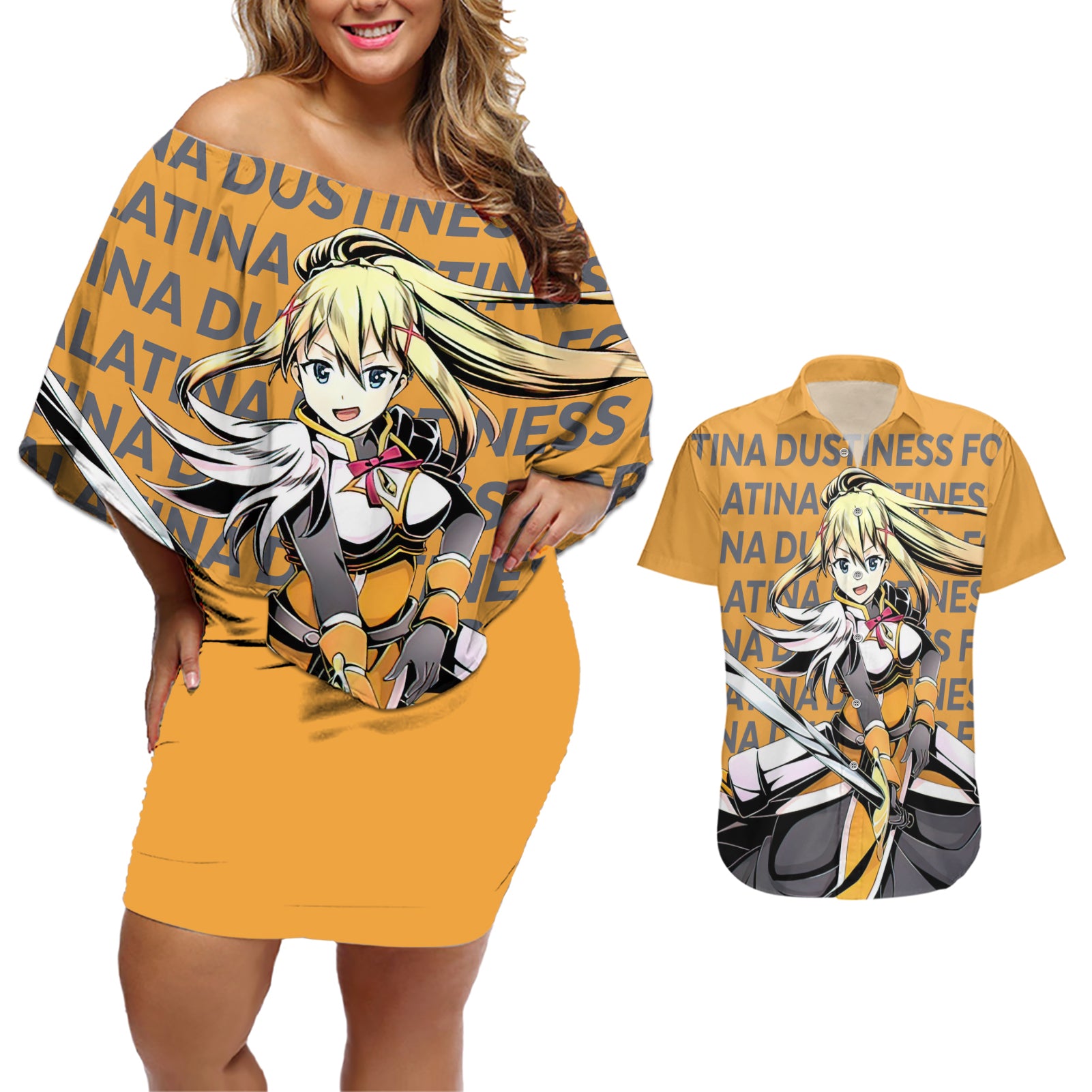 Lalatina Dustiness Ford KonoSuba Couples Matching Off Shoulder Short Dress and Hawaiian Shirt Anime Style