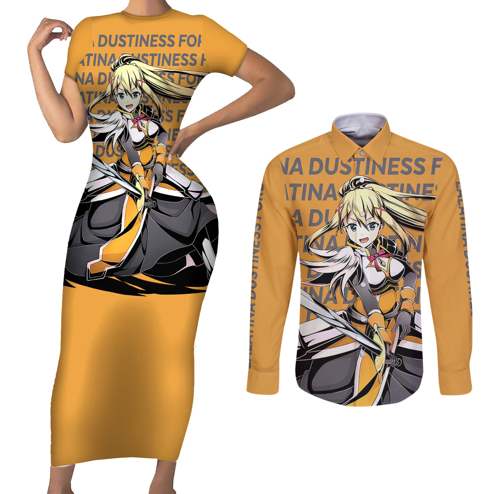 Lalatina Dustiness Ford KonoSuba Couples Matching Short Sleeve Bodycon Dress and Long Sleeve Button Shirt Anime Style