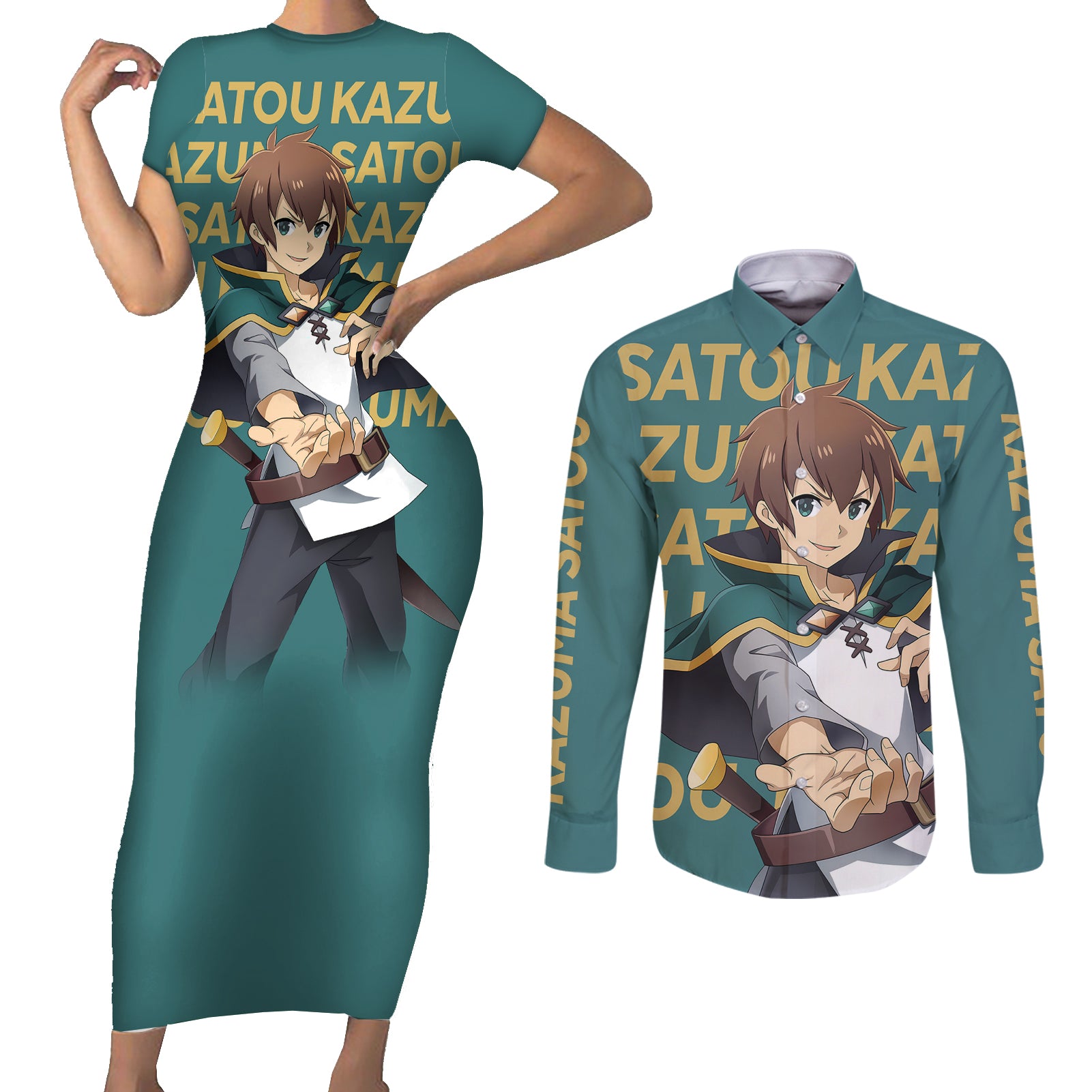 Kazuma Satou KonoSuba Couples Matching Short Sleeve Bodycon Dress and Long Sleeve Button Shirt Anime Style