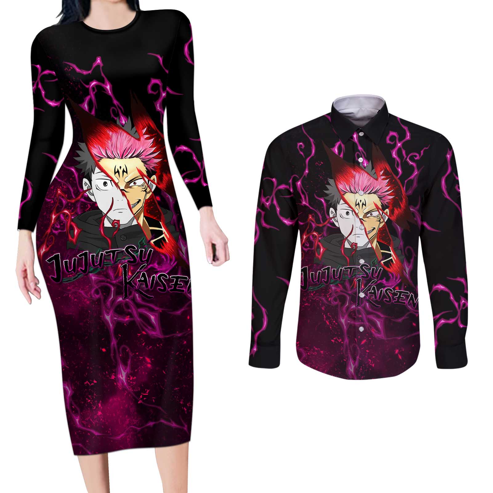 Itadori Yuji & Ryomen Sukuna - Jujutsu Kaisen Couples Matching Long Sleeve Bodycon Dress and Long Sleeve Button Shirt Pattern Anime Mix Manga Style