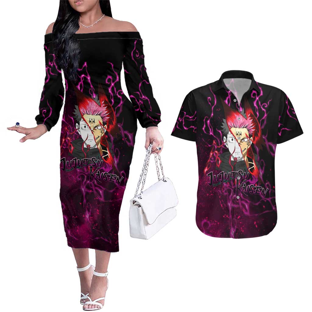 Itadori Yuji & Ryomen Sukuna - Jujutsu Kaisen Couples Matching Off The Shoulder Long Sleeve Dress and Hawaiian Shirt Pattern Anime Mix Manga Style