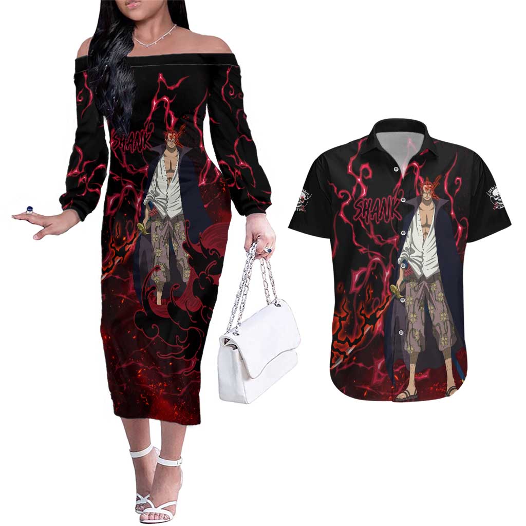 Yonko Shank - Red Hair Pirate - One Piece Couples Matching Off The Shoulder Long Sleeve Dress and Hawaiian Shirt Haki Pattern Anime Style