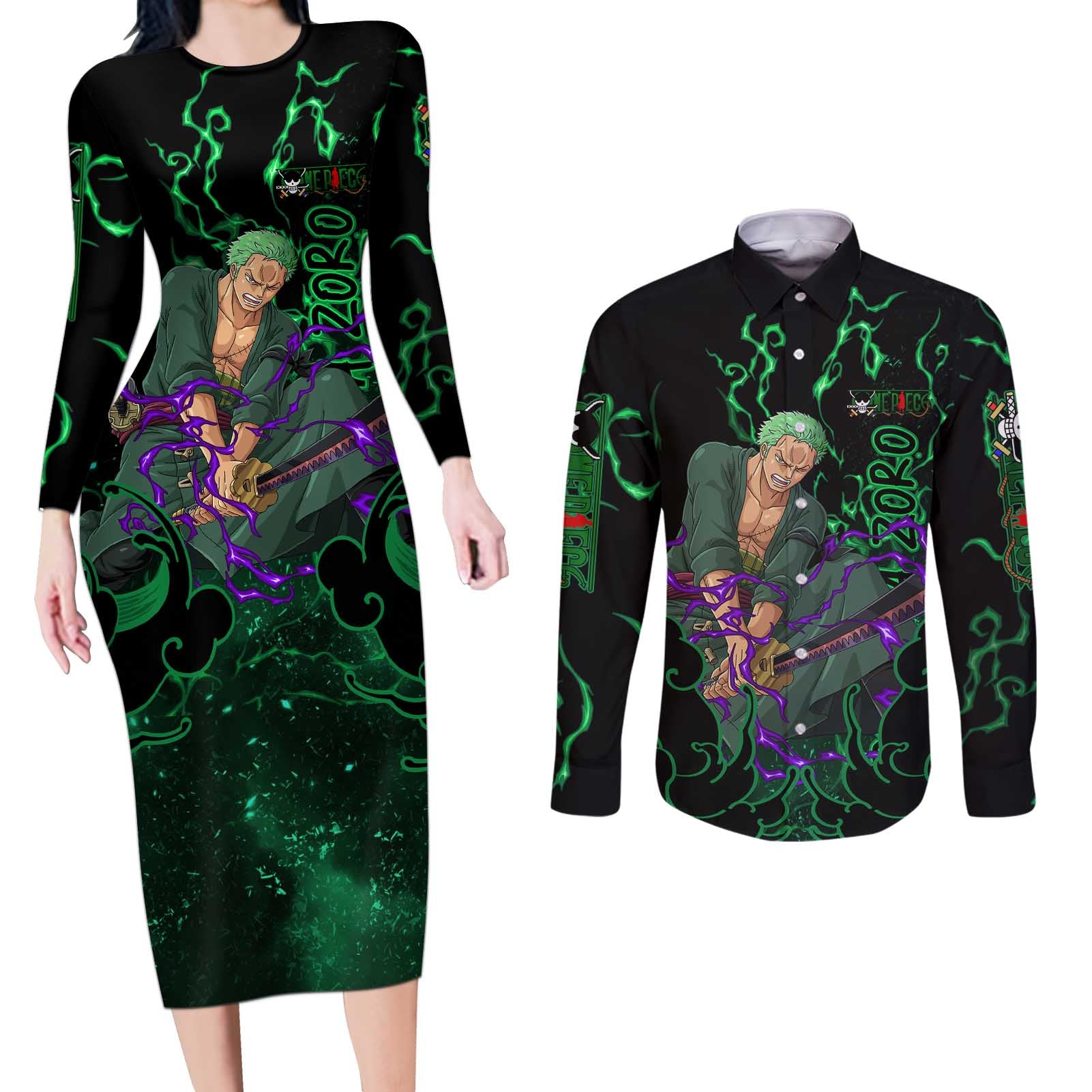 Roronoa Zoro - One Piece Couples Matching Long Sleeve Bodycon Dress and Long Sleeve Button Shirt Haki Pattern Anime Style