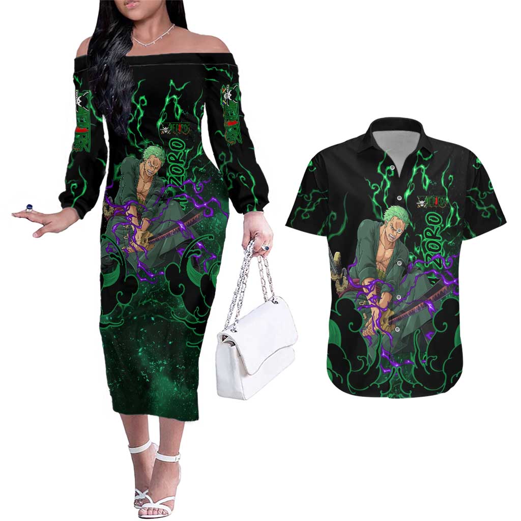 Roronoa Zoro - One Piece Couples Matching Off The Shoulder Long Sleeve Dress and Hawaiian Shirt Haki Pattern Anime Style