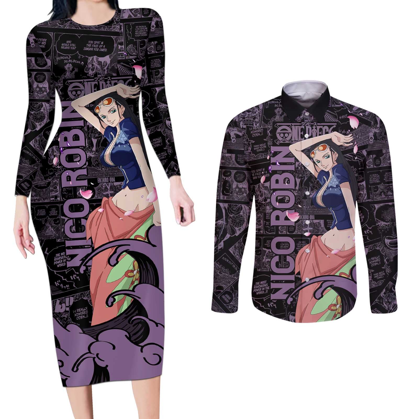 Nico Robin - One Piece Couples Matching Long Sleeve Bodycon Dress and Long Sleeve Button Shirt Pattern Manga Mix Anime Style