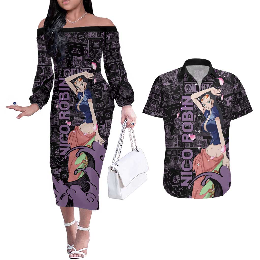 Nico Robin - One Piece Couples Matching Off The Shoulder Long Sleeve Dress and Hawaiian Shirt Pattern Manga Mix Anime Style