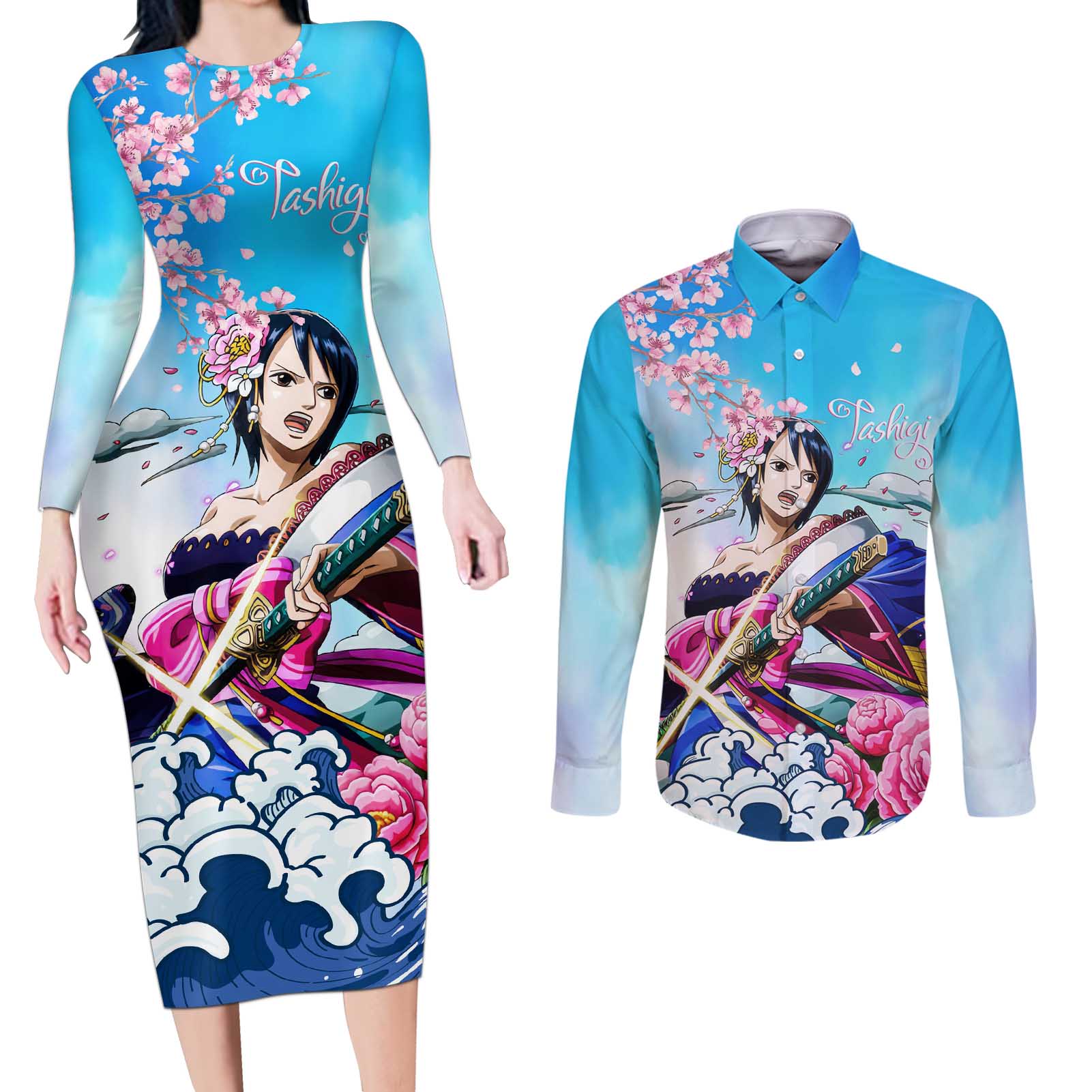 Tashigi - One Piece Couples Matching Long Sleeve Bodycon Dress and Long Sleeve Button Shirt Anime Style