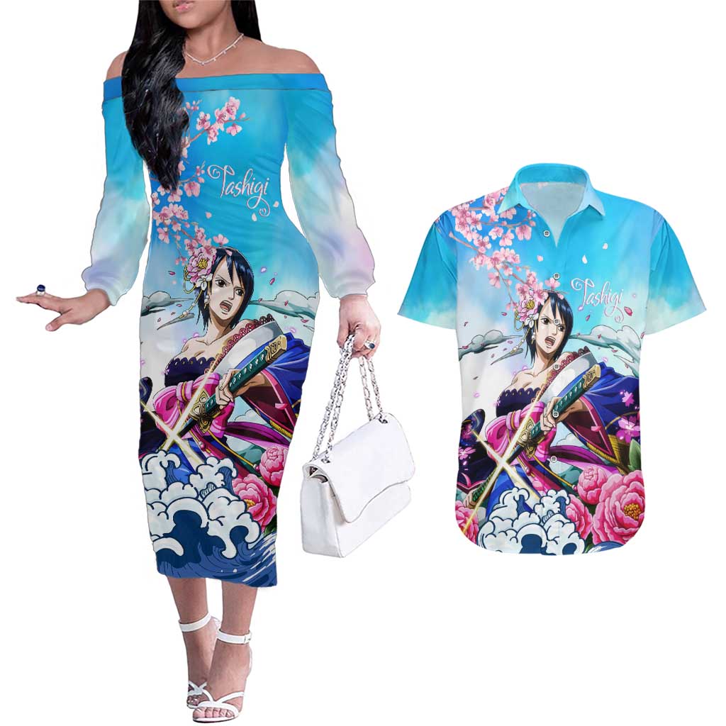 Tashigi - One Piece Couples Matching Off The Shoulder Long Sleeve Dress and Hawaiian Shirt Anime Style