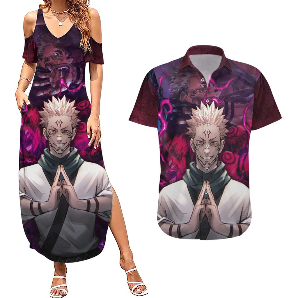 Ryomen Sukuna - Jujutsu Kaisen Couples Matching Summer Maxi Dress and Hawaiian Shirt Pattern Anime Mix Manga Style