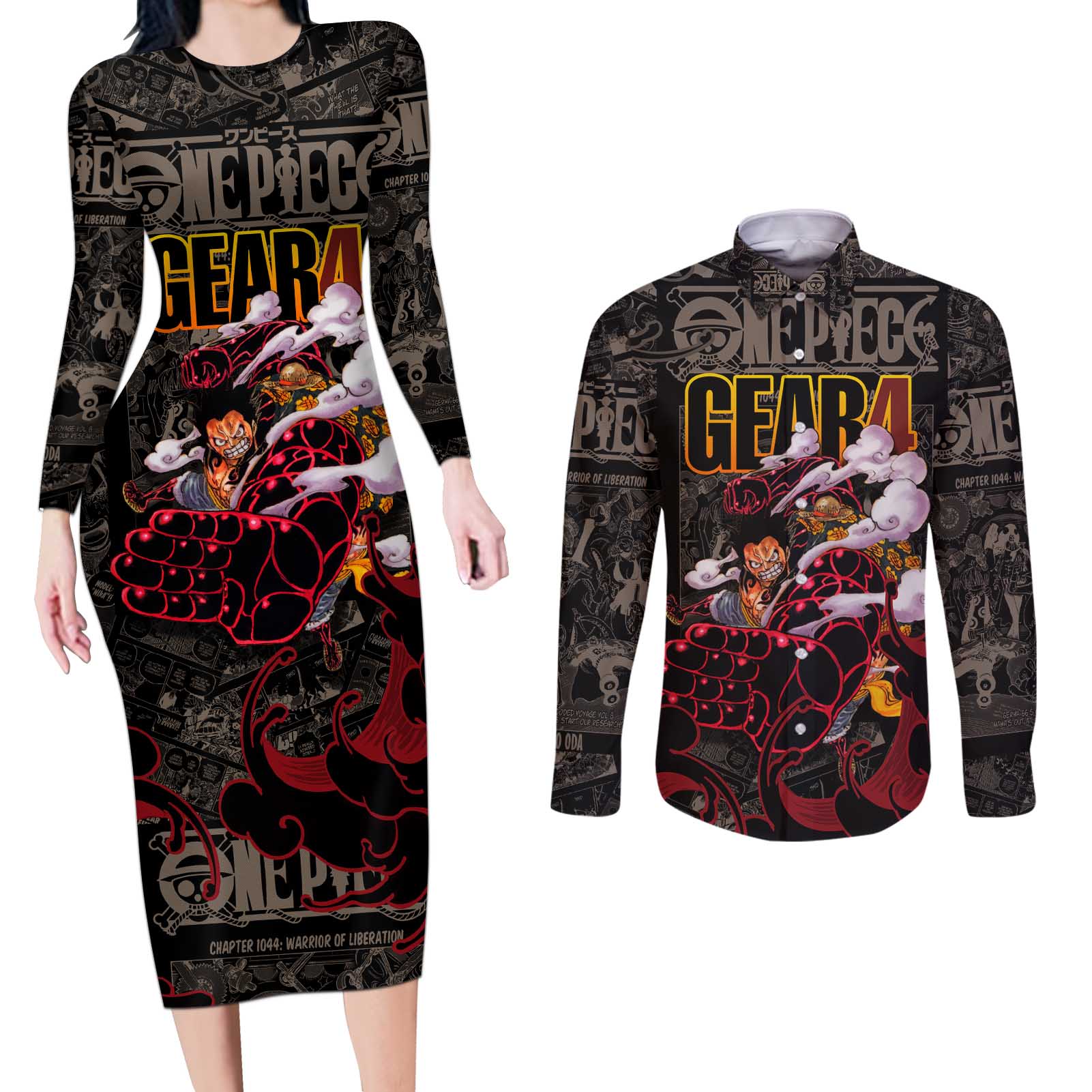 Luffy Gear 4- One Piece Couples Matching Long Sleeve Bodycon Dress and Long Sleeve Button Shirt Pattern Manga Mix Anime Style