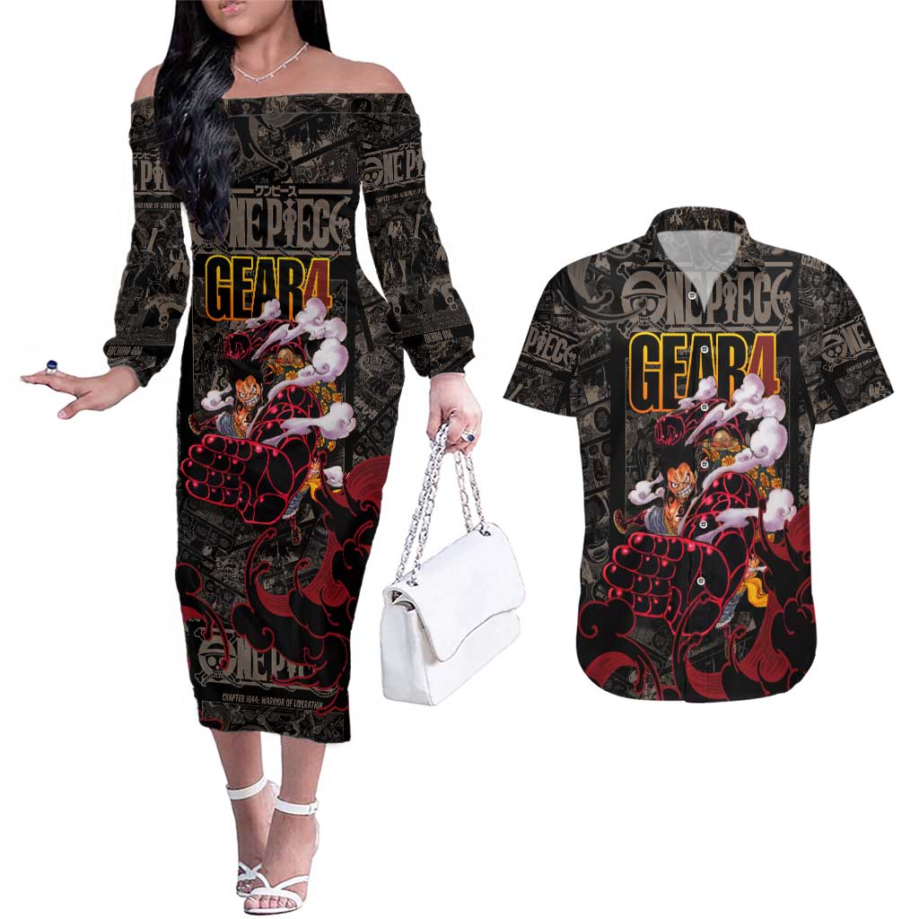 Luffy Gear 4- One Piece Couples Matching Off The Shoulder Long Sleeve Dress and Hawaiian Shirt Pattern Manga Mix Anime Style