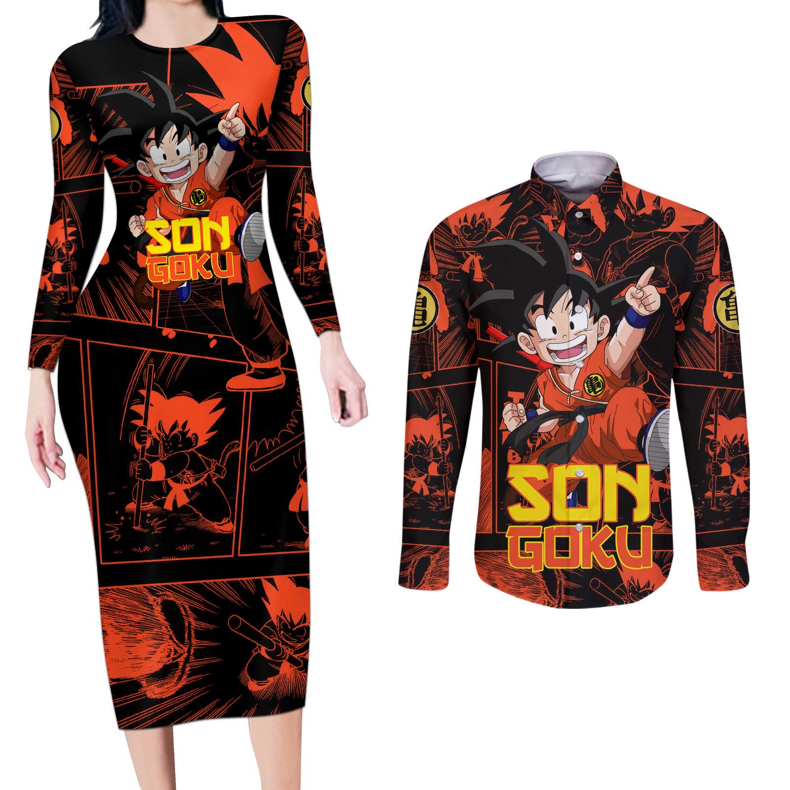 Son Goku - Dragon Ball Couples Matching Long Sleeve Bodycon Dress and Long Sleeve Button Shirt Pattern Anime Mix Manga Style