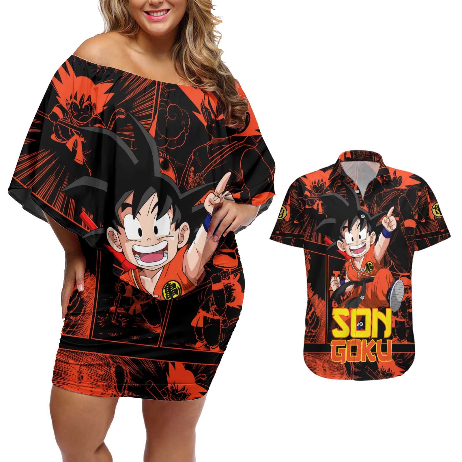 Son Goku - Dragon Ball Couples Matching Off Shoulder Short Dress and Hawaiian Shirt Pattern Anime Mix Manga Style