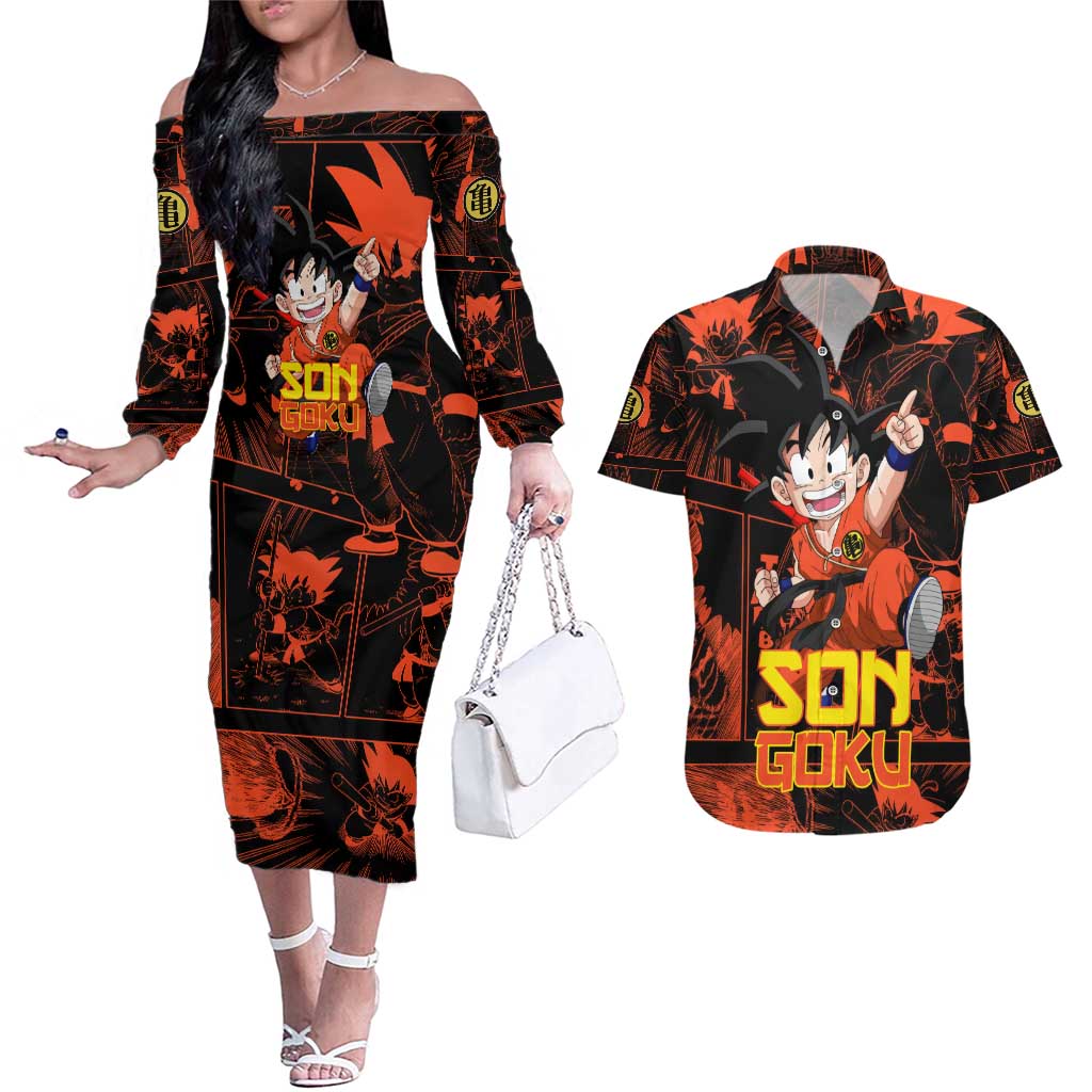 Son Goku - Dragon Ball Couples Matching Off The Shoulder Long Sleeve Dress and Hawaiian Shirt Pattern Anime Mix Manga Style