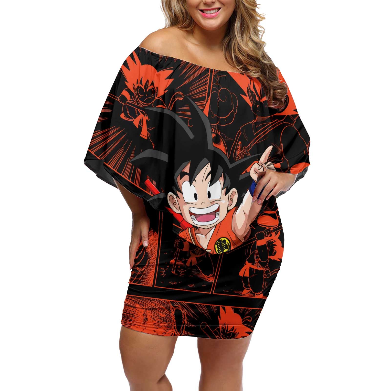 Son Goku - Dragon Ball Off Shoulder Short Dress Pattern Anime Mix Manga Style