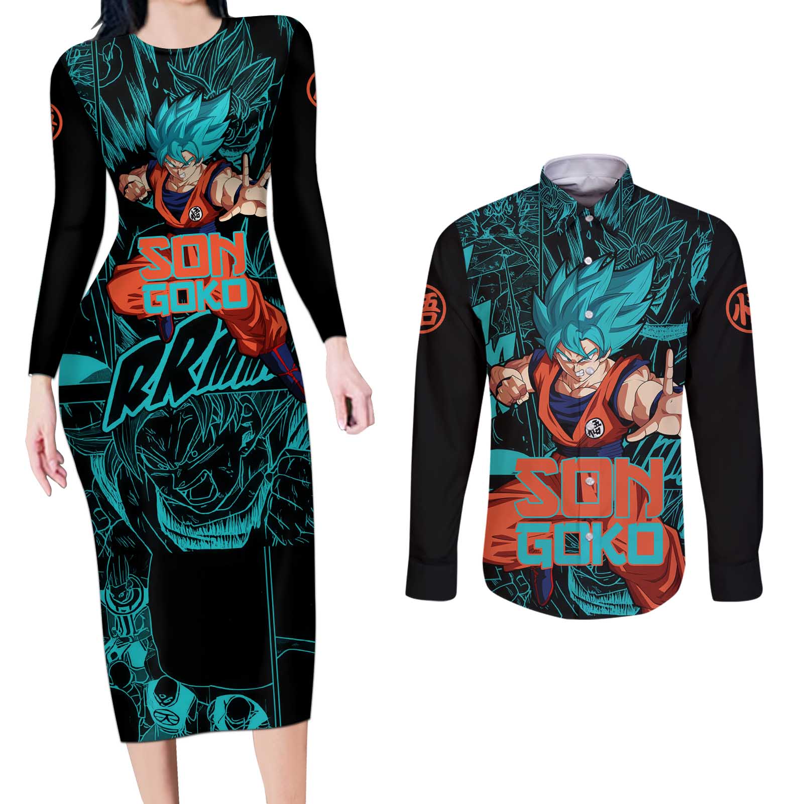 Son Goku - Dragon Ball Couples Matching Long Sleeve Bodycon Dress and Long Sleeve Button Shirt Anime Mix Manga Style