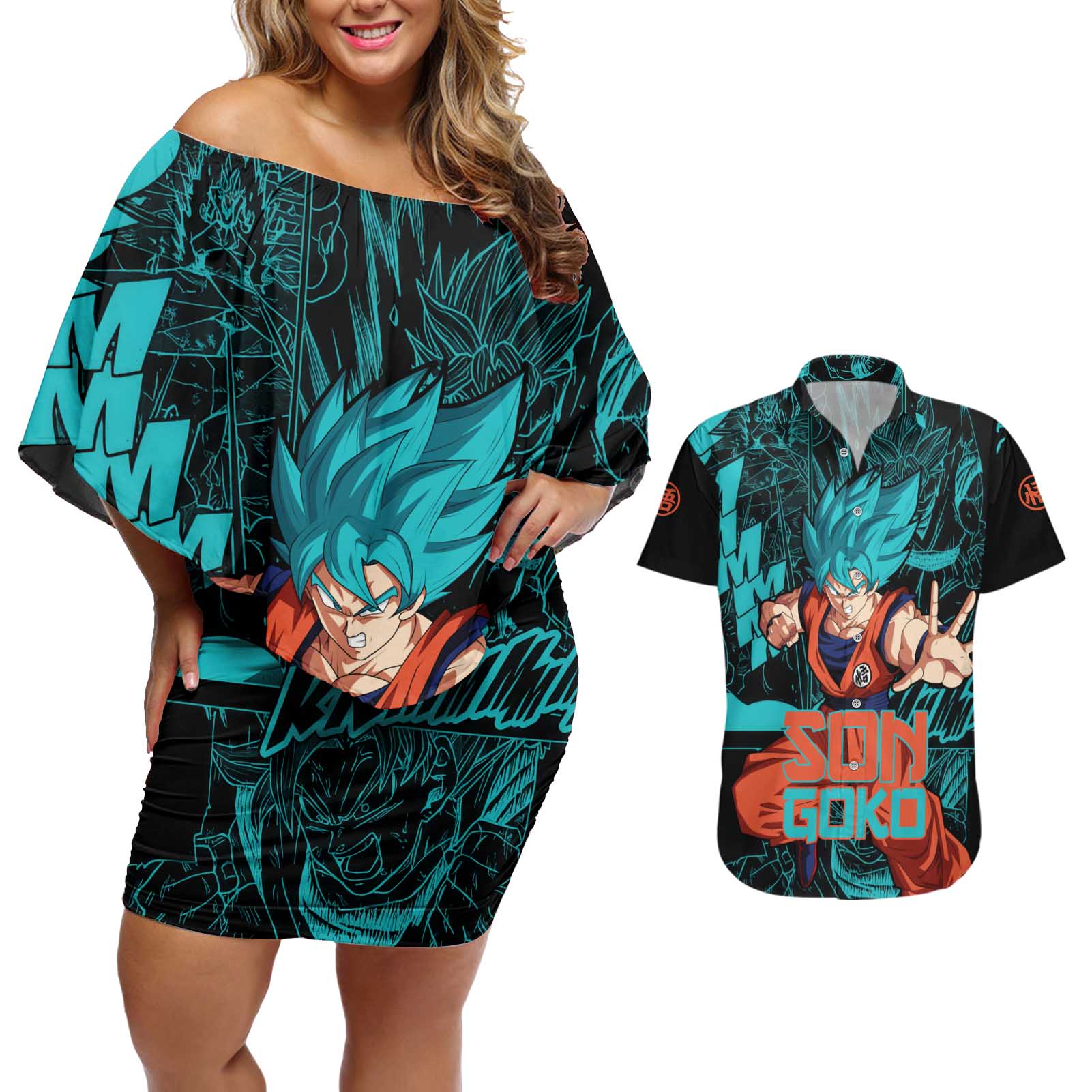 Son Goku - Dragon Ball Couples Matching Off Shoulder Short Dress and Hawaiian Shirt Anime Mix Manga Style