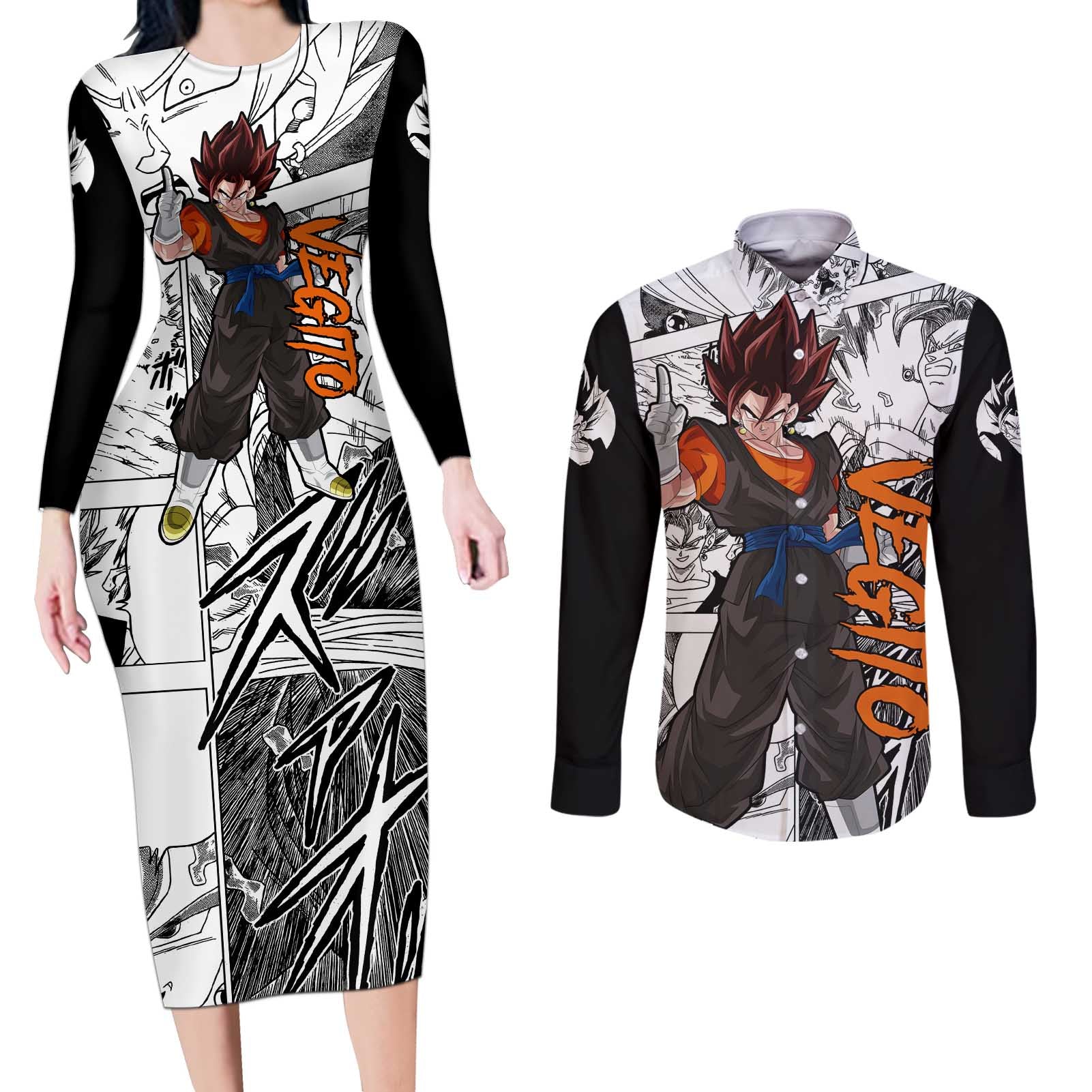 Vegito - Dragon Ball Couples Matching Long Sleeve Bodycon Dress and Long Sleeve Button Shirt Anime Mix Manga Style