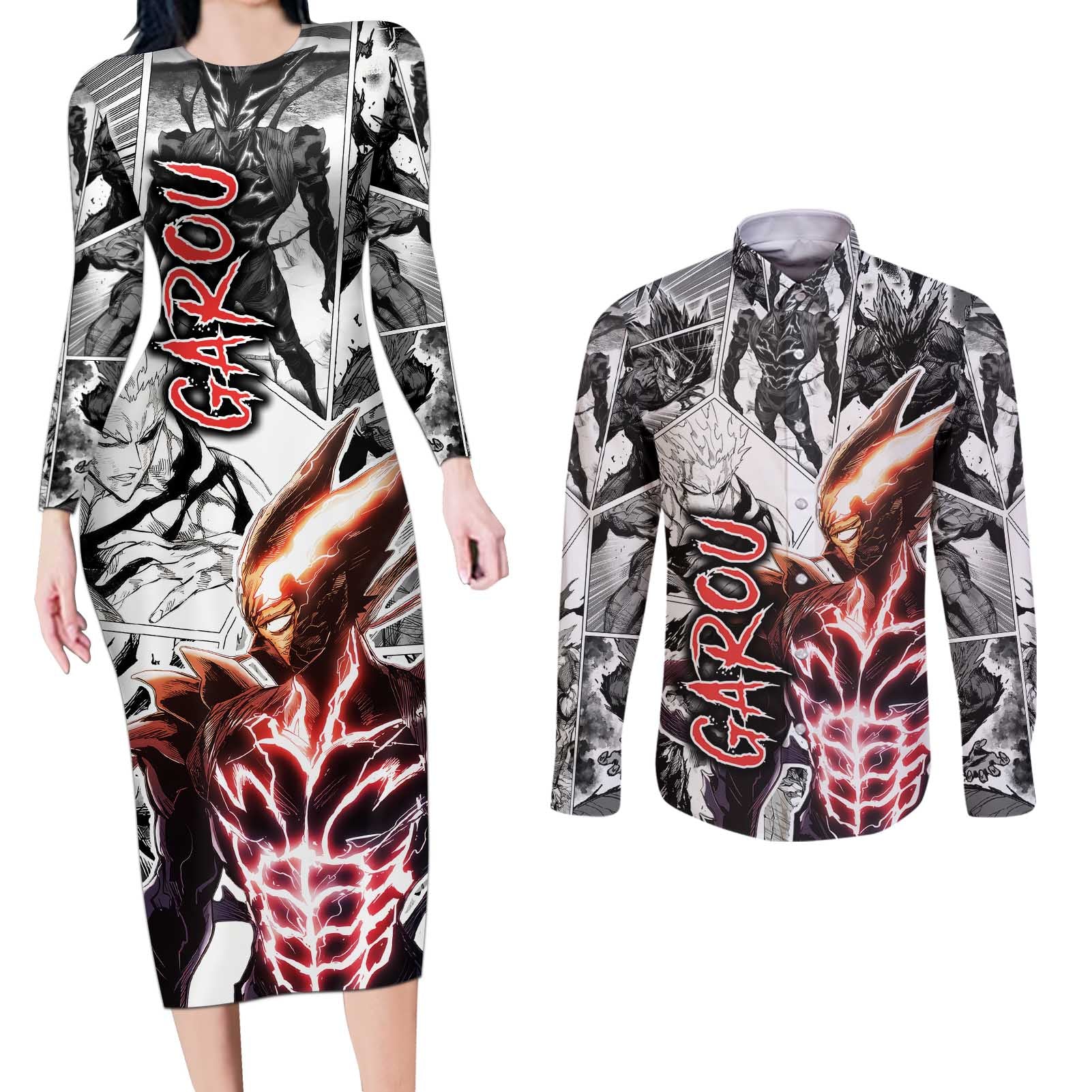 Garou - One Punch Man Couples Matching Long Sleeve Bodycon Dress and Long Sleeve Button Shirt Anime Mix Manga Style