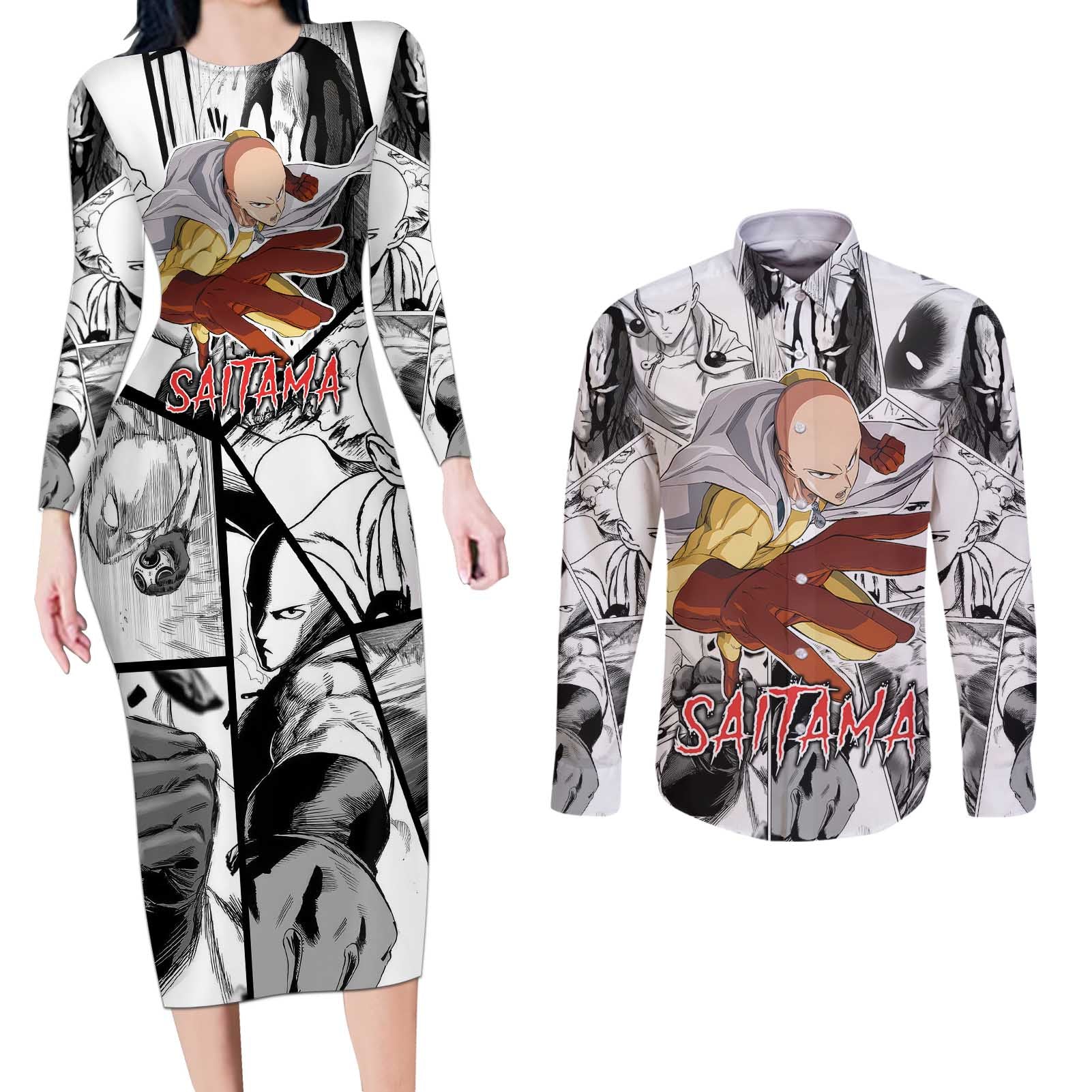 Saitama - One Punch Man Couples Matching Long Sleeve Bodycon Dress and Long Sleeve Button Shirt Anime Mix Manga Style