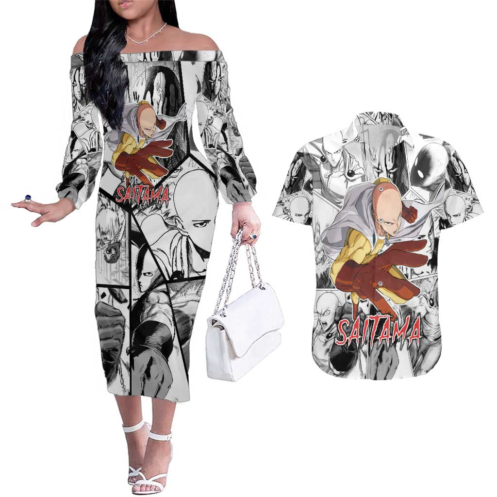 Saitama - One Punch Man Couples Matching Off The Shoulder Long Sleeve Dress and Hawaiian Shirt Anime Mix Manga Style